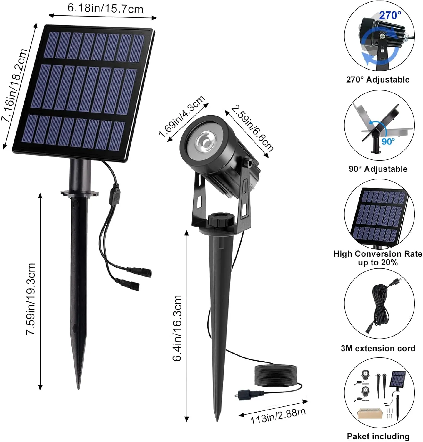 T-SUNUS 2W Solar Landscape Spotlights Warm White, Spot Lights Outdoor 9.8ft Cable IP65 Waterproof Security Lamps, Double Head Downlight for Flag Tree Garage Deck Garden Yard Wall Backyard