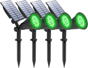 T-SUNUS Green Solar Landscape Lights Christmas 4 Pack, IP65 Waterproof Halloween Garden Pond Light, Auto-on/Off Security Spotlight for St. Patrick's Day Flag Tree Wall Patio Yard Driveway Pool Area