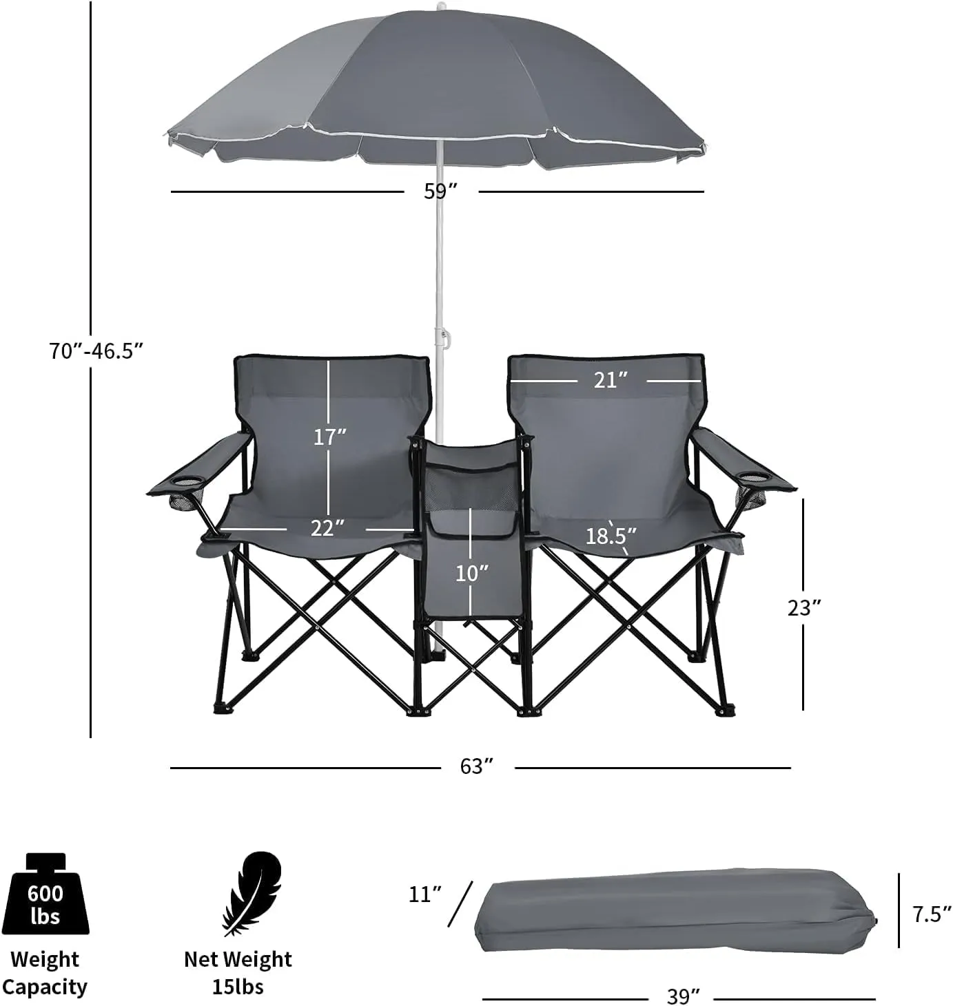 Tangkula Double Camping Chairs with Umbrella, Portable 2 Seat Folding Camp Chair with Cooler Bag, Beverage Holder, Carrying Bag, Foldable Lawn Chair for Outside, Fishing, Picnic,Beach
