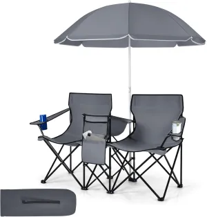 Tangkula Double Camping Chairs with Umbrella, Portable 2 Seat Folding Camp Chair with Cooler Bag, Beverage Holder, Carrying Bag, Foldable Lawn Chair for Outside, Fishing, Picnic,Beach