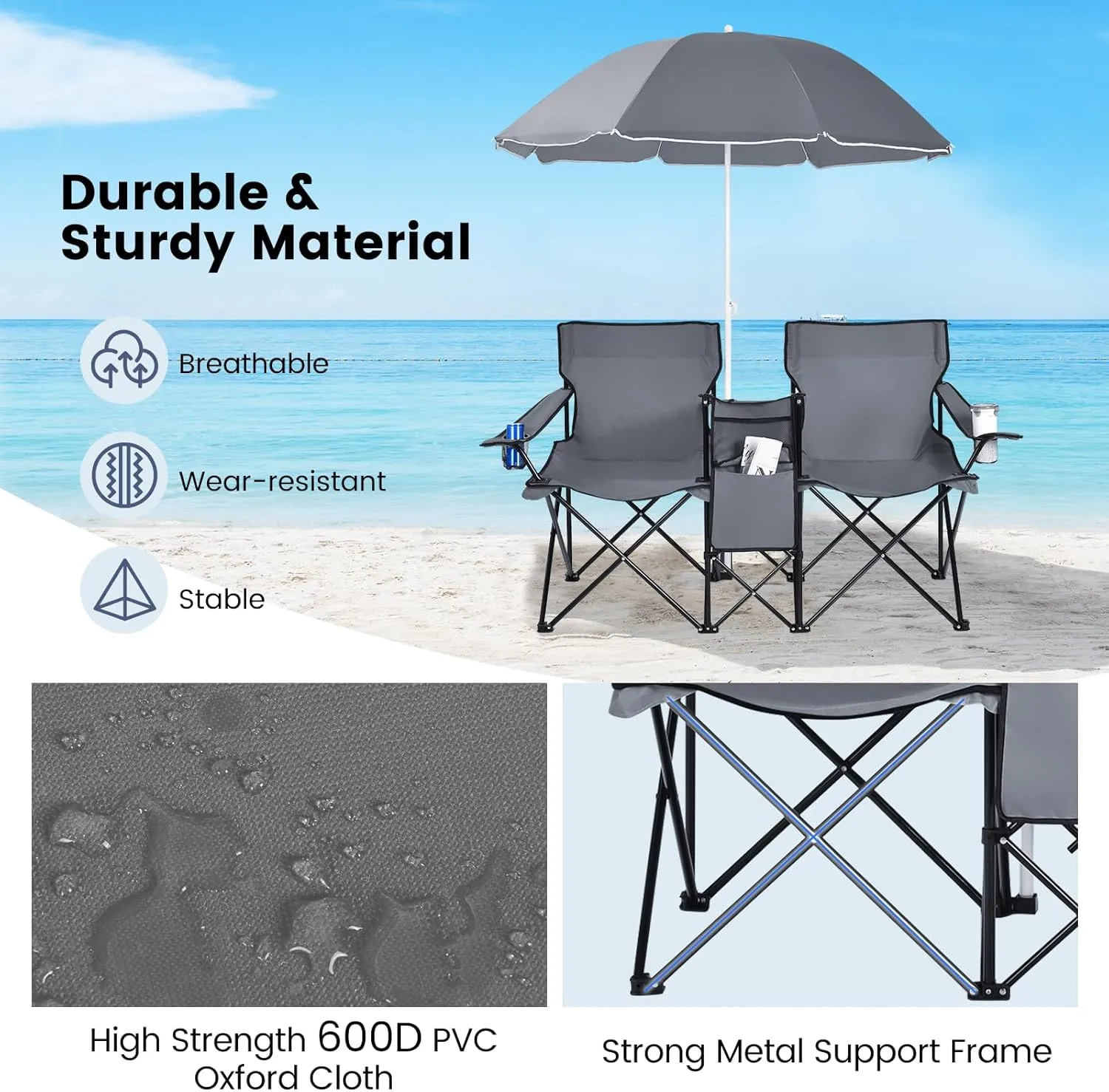 Tangkula Double Camping Chairs with Umbrella, Portable 2 Seat Folding Camp Chair with Cooler Bag, Beverage Holder, Carrying Bag, Foldable Lawn Chair for Outside, Fishing, Picnic,Beach
