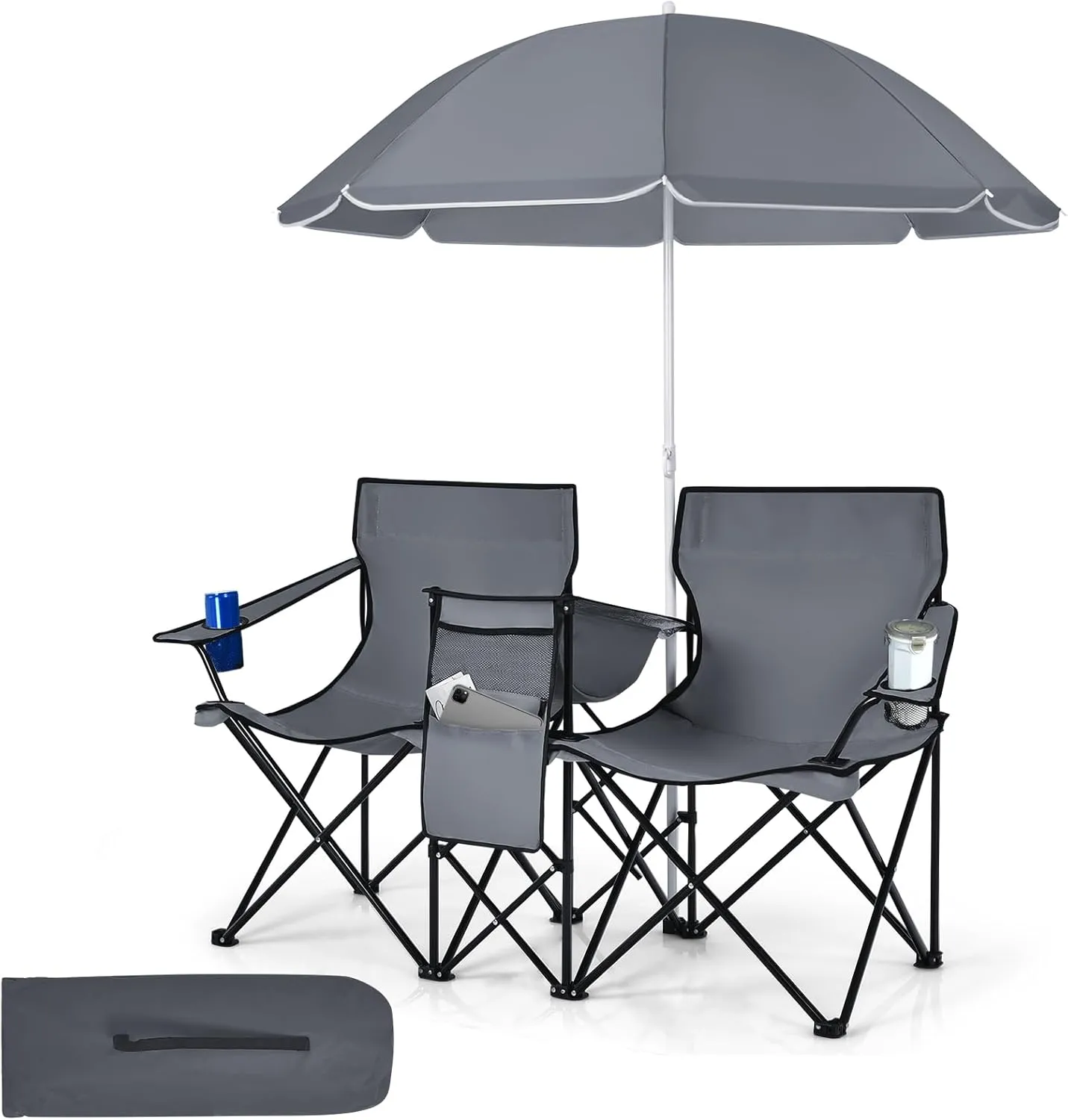 Tangkula Double Camping Chairs with Umbrella, Portable 2 Seat Folding Camp Chair with Cooler Bag, Beverage Holder, Carrying Bag, Foldable Lawn Chair for Outside, Fishing, Picnic,Beach