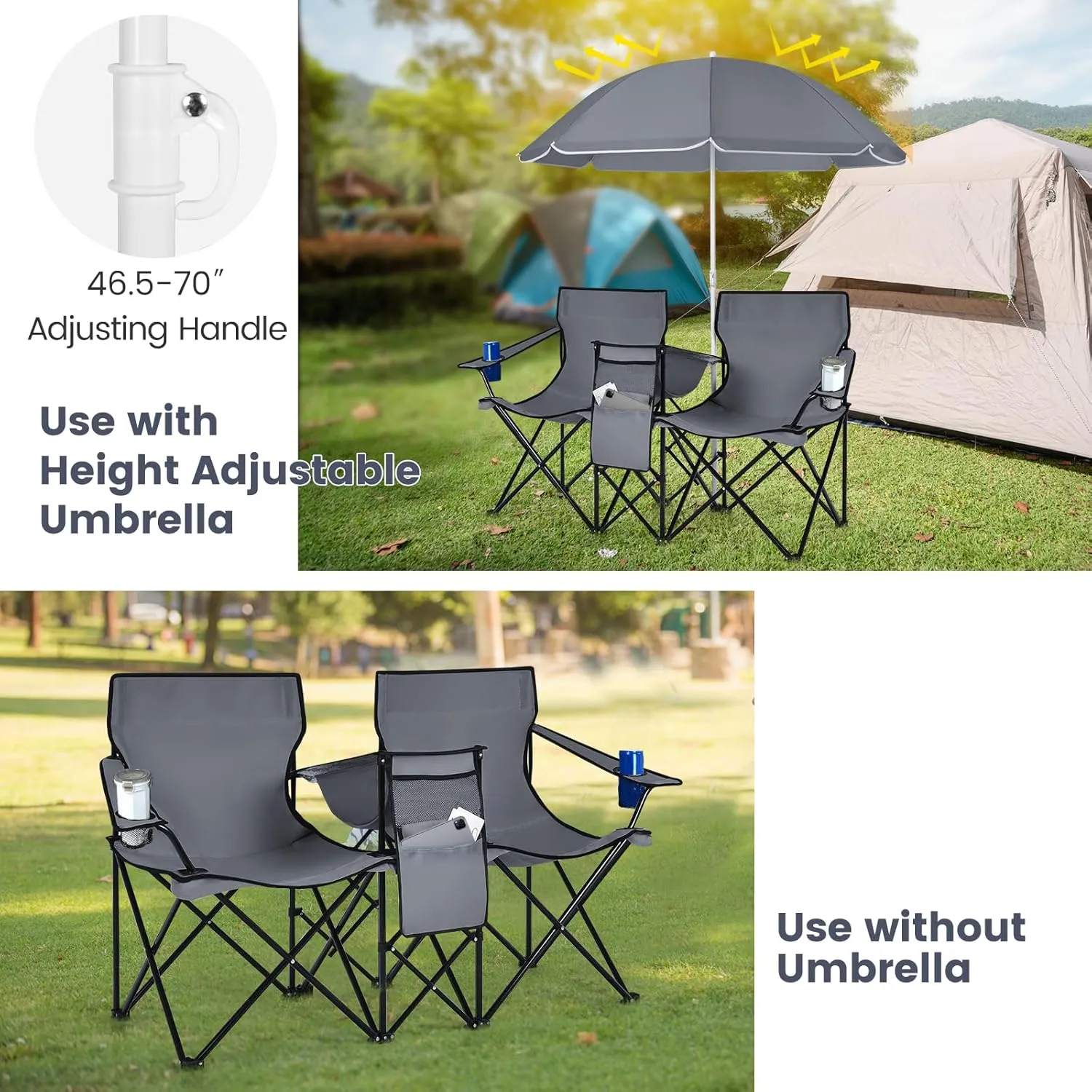 Tangkula Double Camping Chairs with Umbrella, Portable 2 Seat Folding Camp Chair with Cooler Bag, Beverage Holder, Carrying Bag, Foldable Lawn Chair for Outside, Fishing, Picnic,Beach
