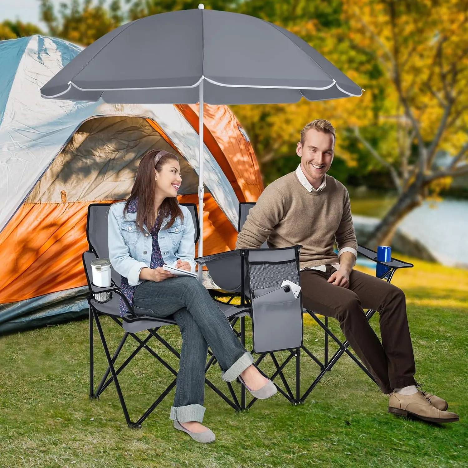 Tangkula Double Camping Chairs with Umbrella, Portable 2 Seat Folding Camp Chair with Cooler Bag, Beverage Holder, Carrying Bag, Foldable Lawn Chair for Outside, Fishing, Picnic,Beach