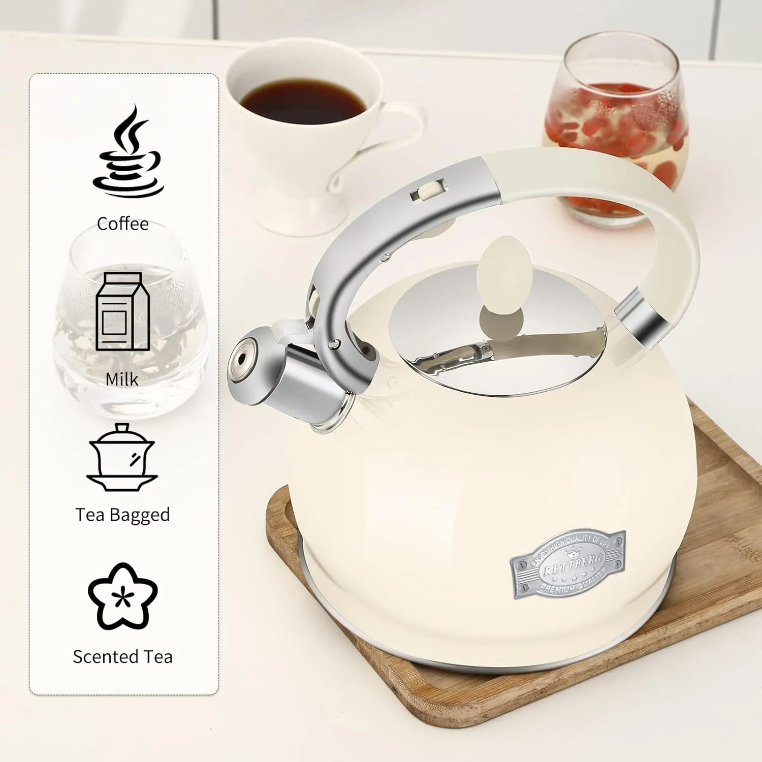 Tea Kettle for Stovetop Whistling Tea Kettles Retro Stainless Steel Teapots, 2.64 Quart (Cream)