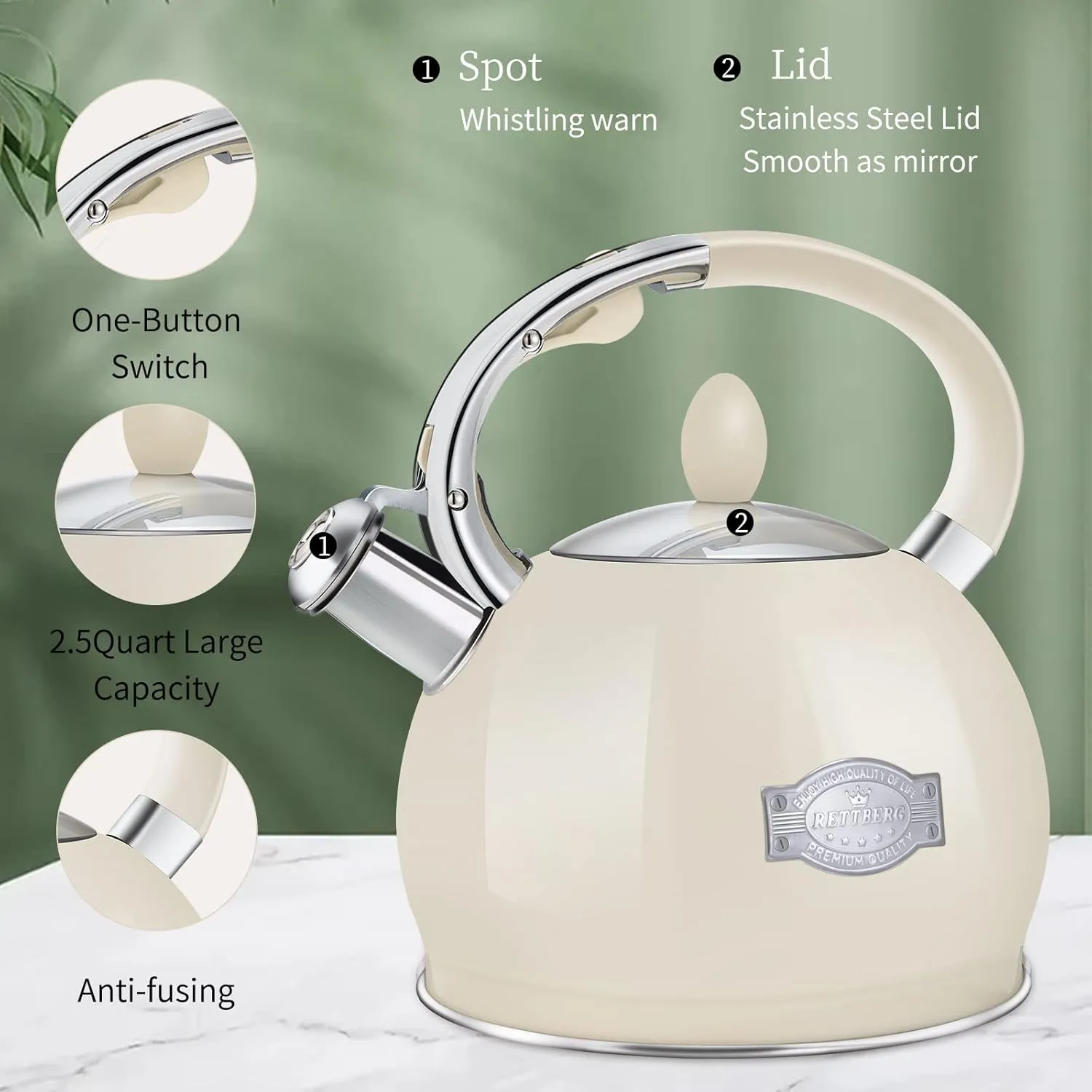 Tea Kettle for Stovetop Whistling Tea Kettles Retro Stainless Steel Teapots, 2.64 Quart (Cream)