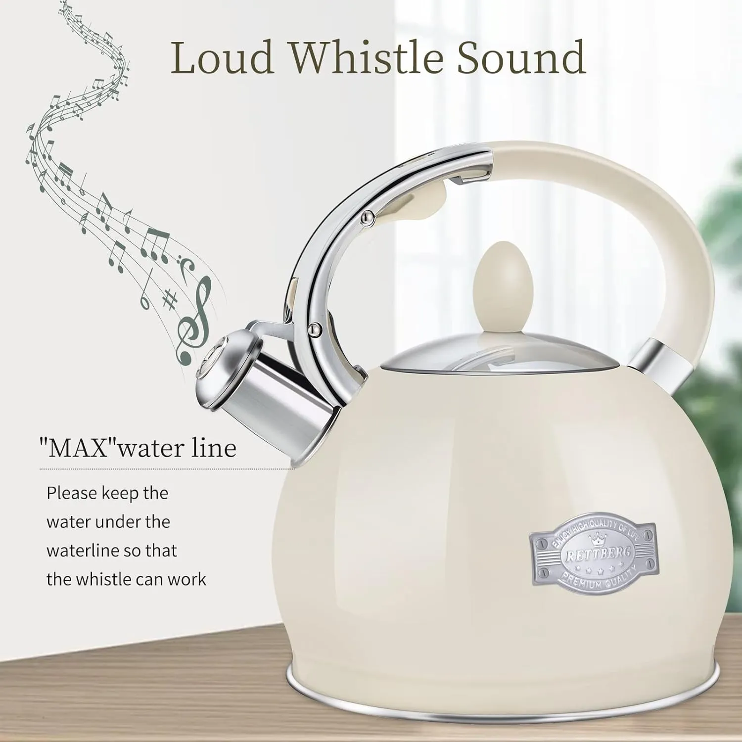 Tea Kettle for Stovetop Whistling Tea Kettles Retro Stainless Steel Teapots, 2.64 Quart (Cream)