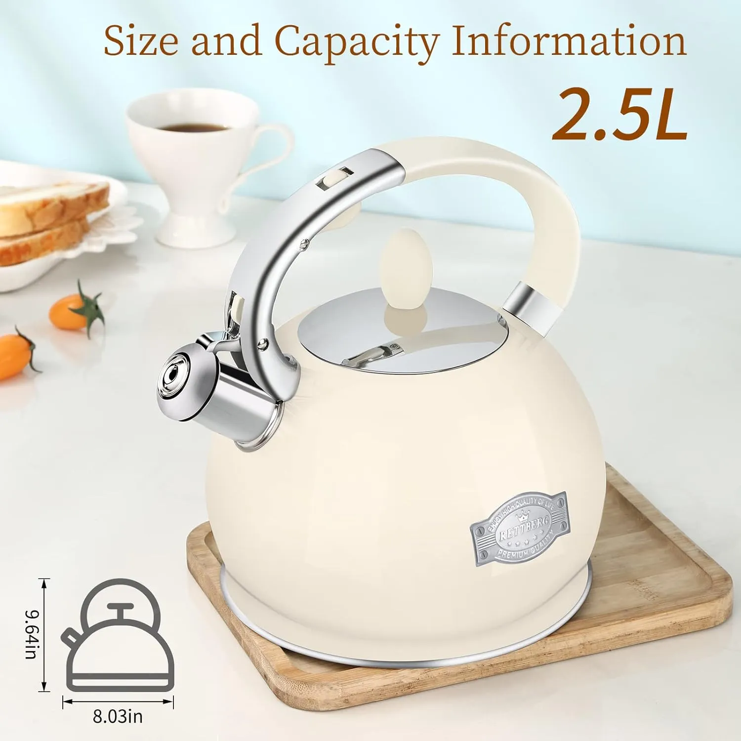 Tea Kettle for Stovetop Whistling Tea Kettles Retro Stainless Steel Teapots, 2.64 Quart (Cream)