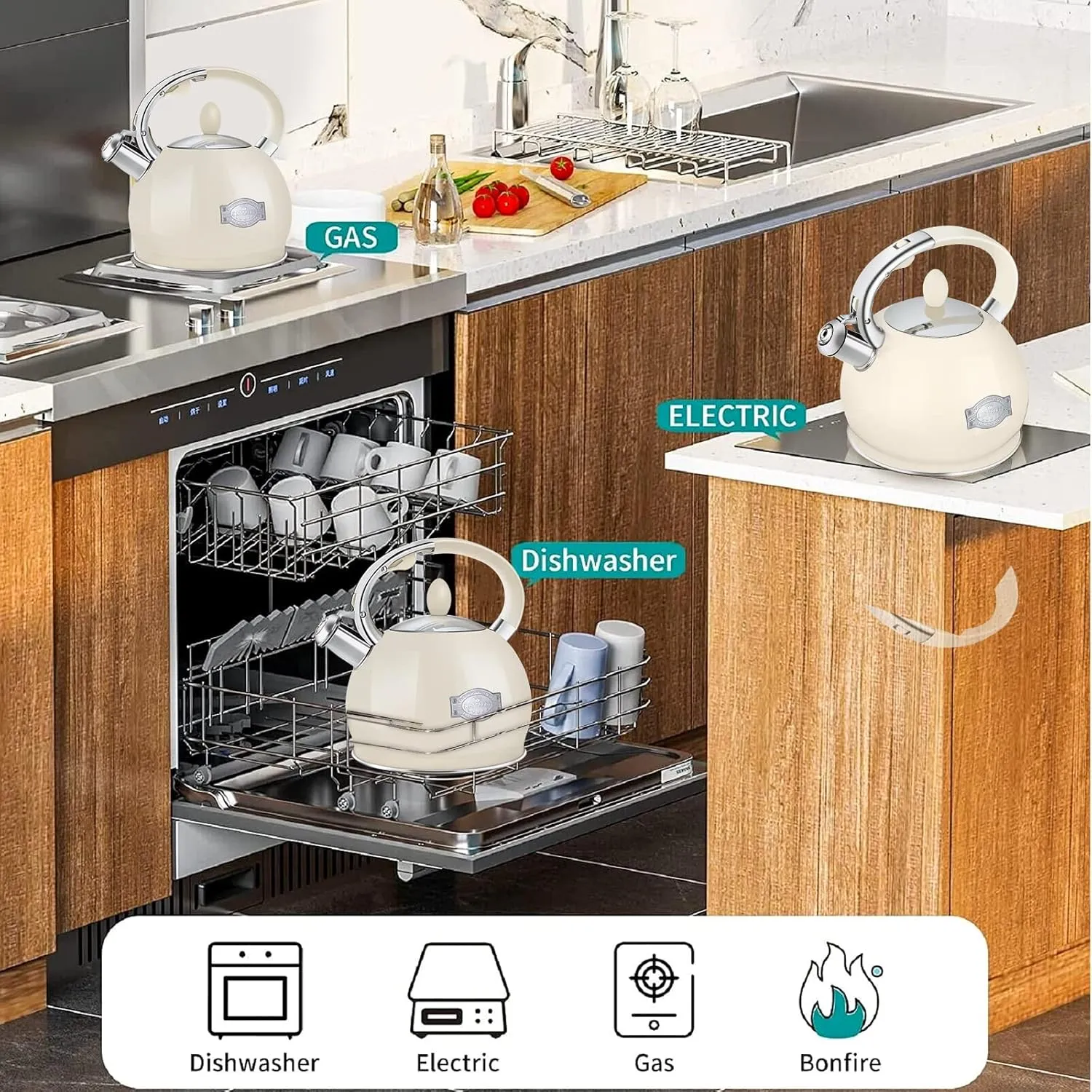 Tea Kettle for Stovetop Whistling Tea Kettles Retro Stainless Steel Teapots, 2.64 Quart (Cream)