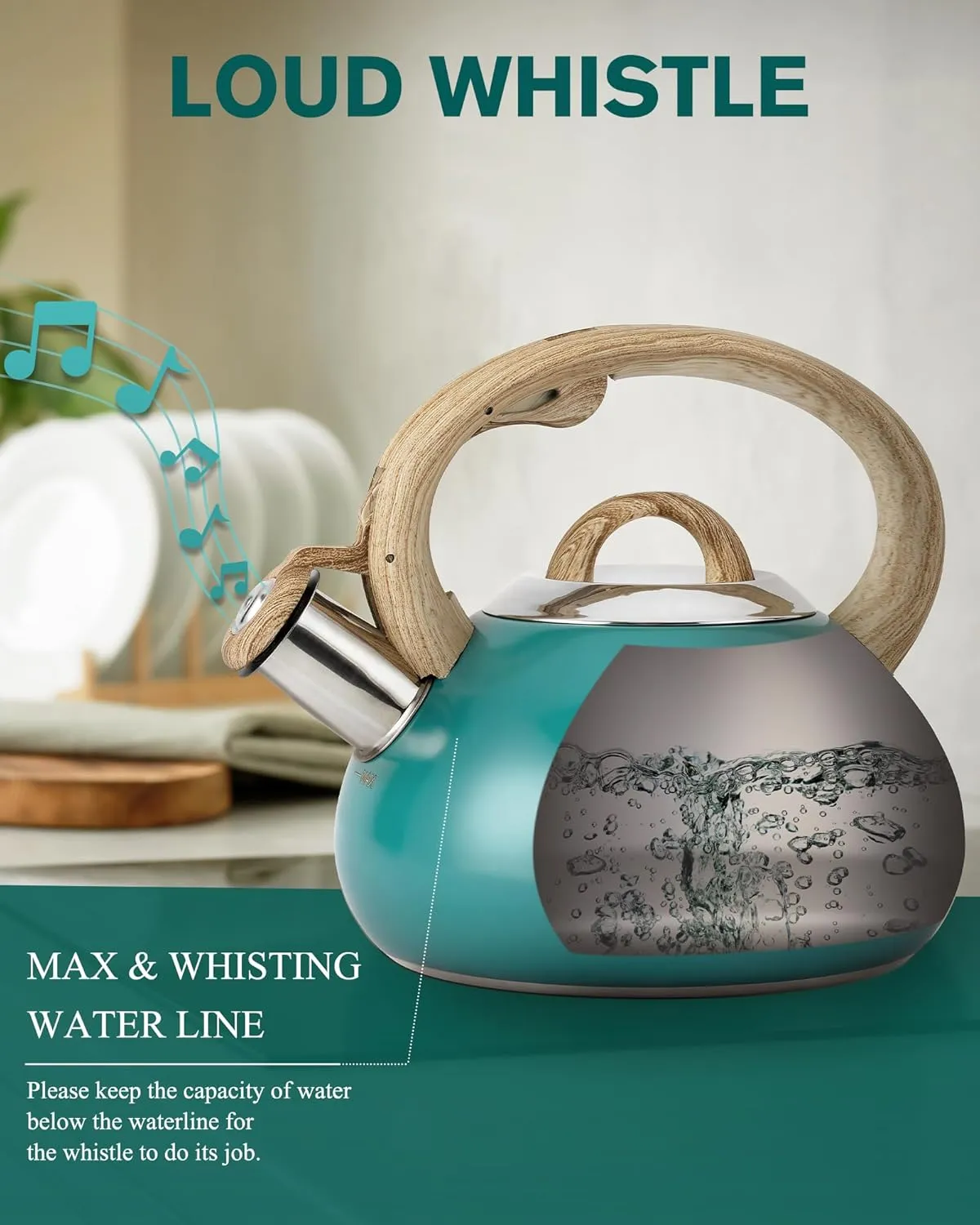 Tea Kettle,Teapots for Stove Top,2.0 Quart with Wood Pattern Handle Loud Whistle Food Grade Stainless Steel Teapot,for Heating Milk, Coffee, Chocolate
