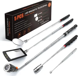 Telescoping Magnetic Pick Up Tool with 1 lb and 15 lb Pickup Rod, Round and Square 360 Swivel Adjustable Inspection Mirror and Flexible LED Flashlight, Fathers Day Gifts for Dad, Him, Husband, Men