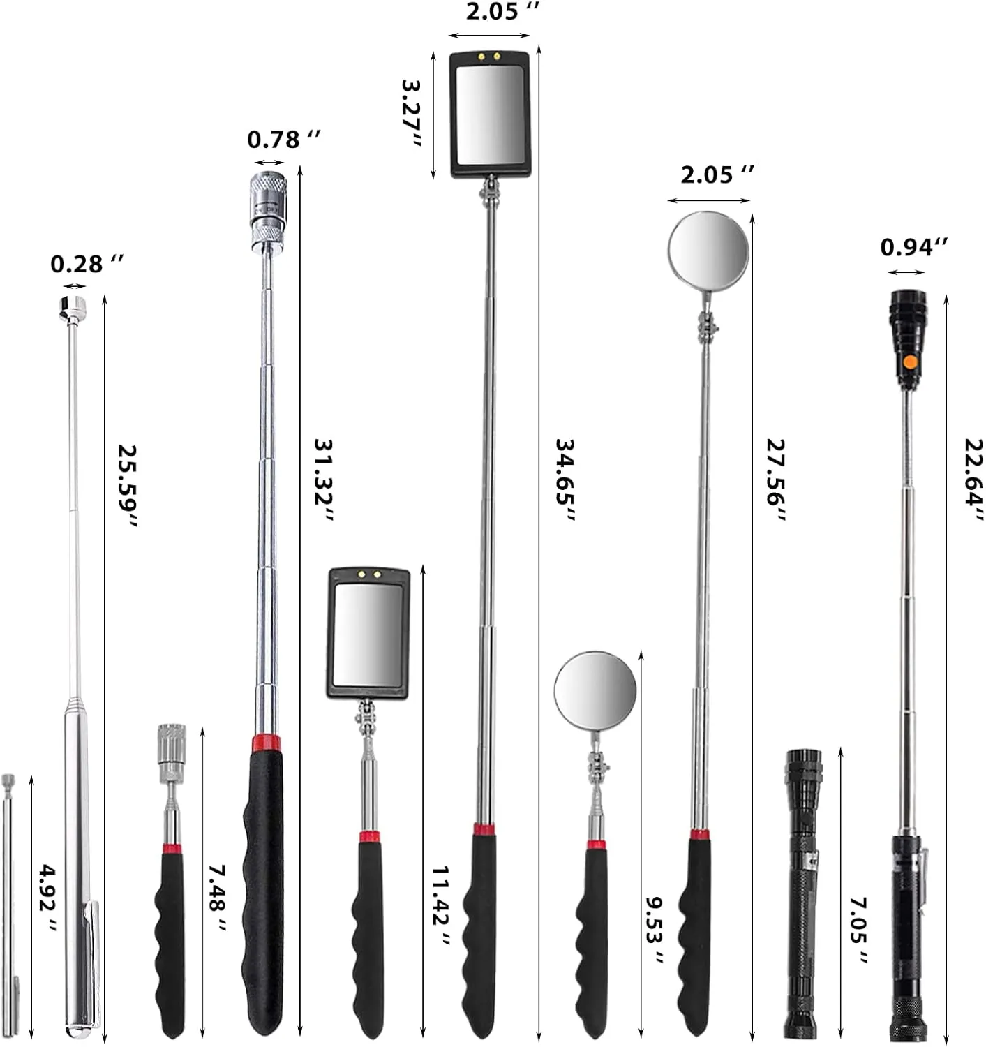 Telescoping Magnetic Pick Up Tool with 1 lb and 15 lb Pickup Rod, Round and Square 360 Swivel Adjustable Inspection Mirror and Flexible LED Flashlight, Fathers Day Gifts for Dad, Him, Husband, Men