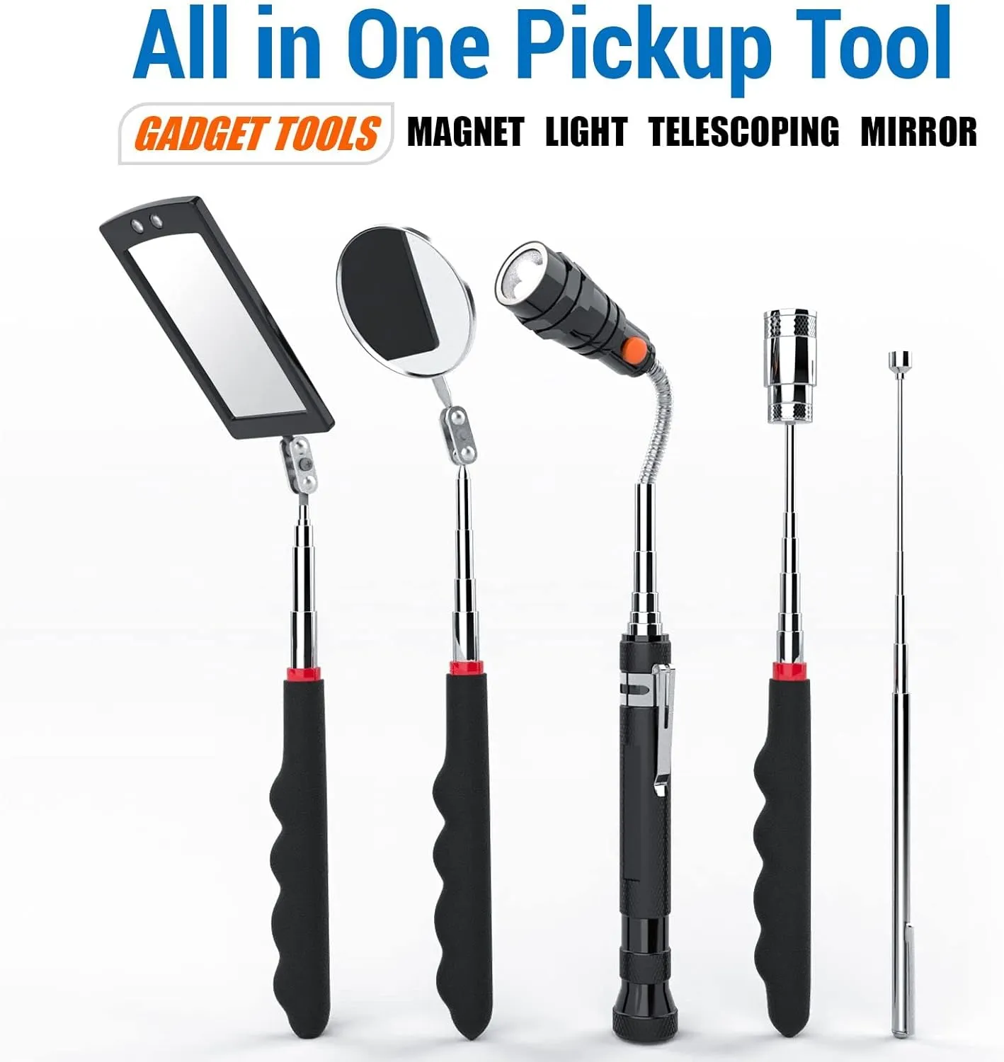 Telescoping Magnetic Pick Up Tool with 1 lb and 15 lb Pickup Rod, Round and Square 360 Swivel Adjustable Inspection Mirror and Flexible LED Flashlight, Fathers Day Gifts for Dad, Him, Husband, Men