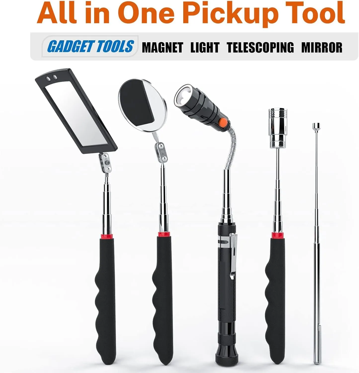 Telescoping Magnetic Pickup Tool Set with 1 & 15 lb Pick Up Sticks, Round and Square 360 Adjustable Inspection Mirror and Flexible LED Flashlight, Fathers Day Gifts,Birthday Gifts for Men, Dad