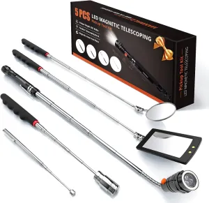 Telescoping Magnetic Pickup Tool Set with 1 & 15 lb Pick Up Sticks, Round and Square 360 Adjustable Inspection Mirror and Flexible LED Flashlight, Fathers Day Gifts,Birthday Gifts for Men, Dad