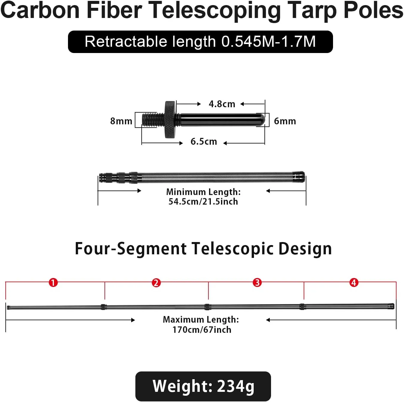 Telescoping Tarp Poles Heavy Duty Adjustable, Carbon Fiber Tent Poles, Portable & Lightweight for Tent Fly, Awning, Outdoor Camping, Hiking 5.6FT