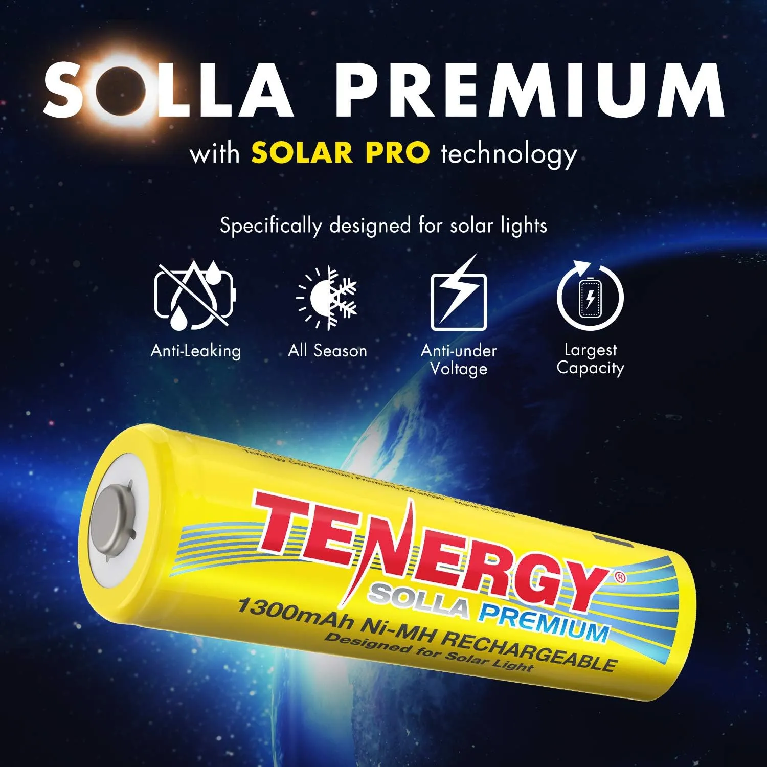 Tenergy Solla Premium Rechargeable NiMH AA Battery, 1300mAh Solar Batteries for Solar Garden Lights, Anti-Leak, Outdoor Durability, 5  Years Performance, UL Certified, Pre-Charged 12 Pack