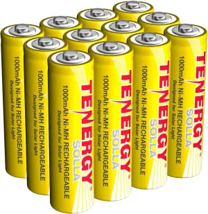 Tenergy Solla Rechargeable NiMH AA Battery, 1000mAh Solar Batteries for Solar Garden Lights, Anti-Leak, Outdoor Durability, 5  Years Performance, 12 Pack, UL Certified