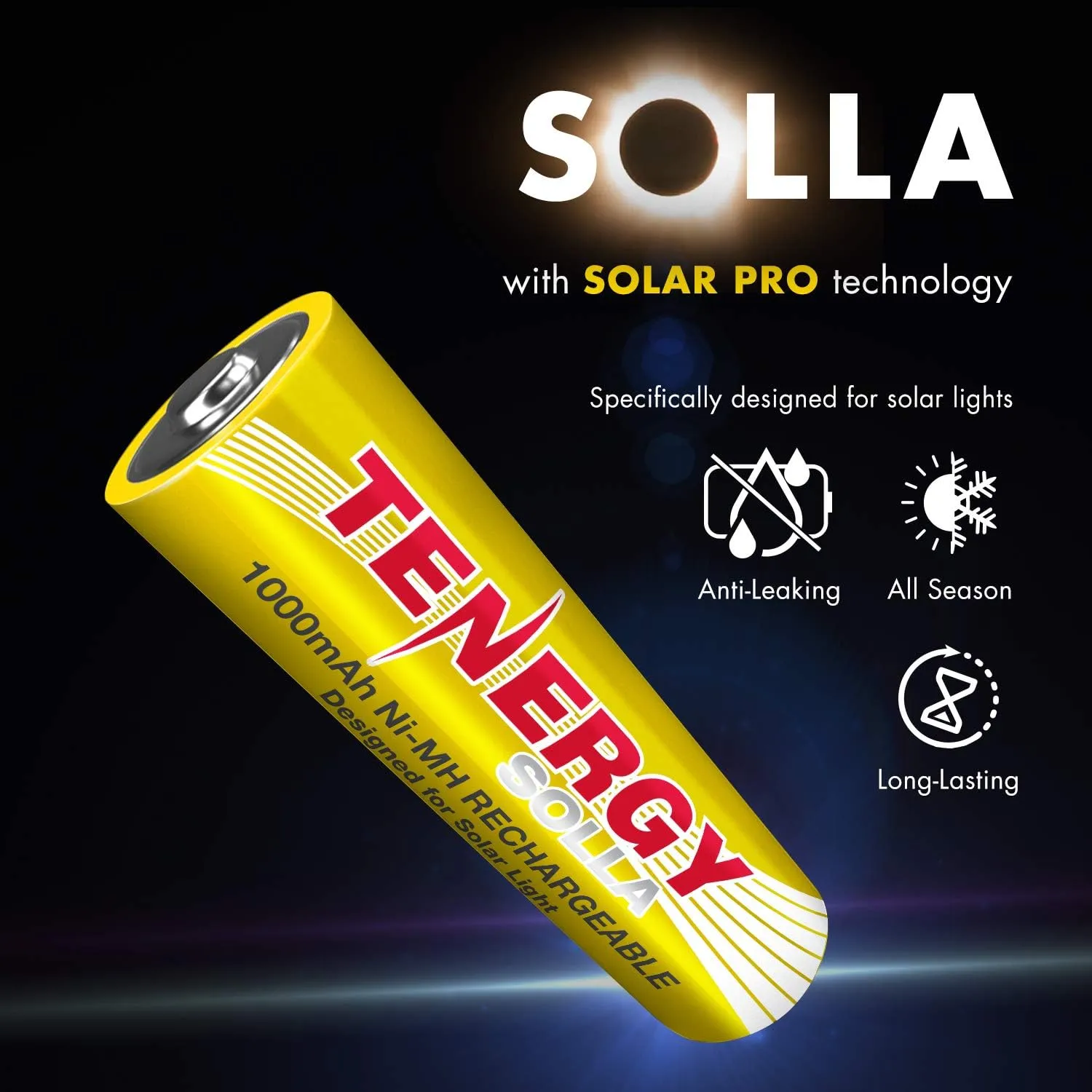 Tenergy Solla Rechargeable NiMH AA Battery, 1000mAh Solar Batteries for Solar Garden Lights, Anti-Leak, Outdoor Durability, 5  Years Performance, 12 Pack, UL Certified