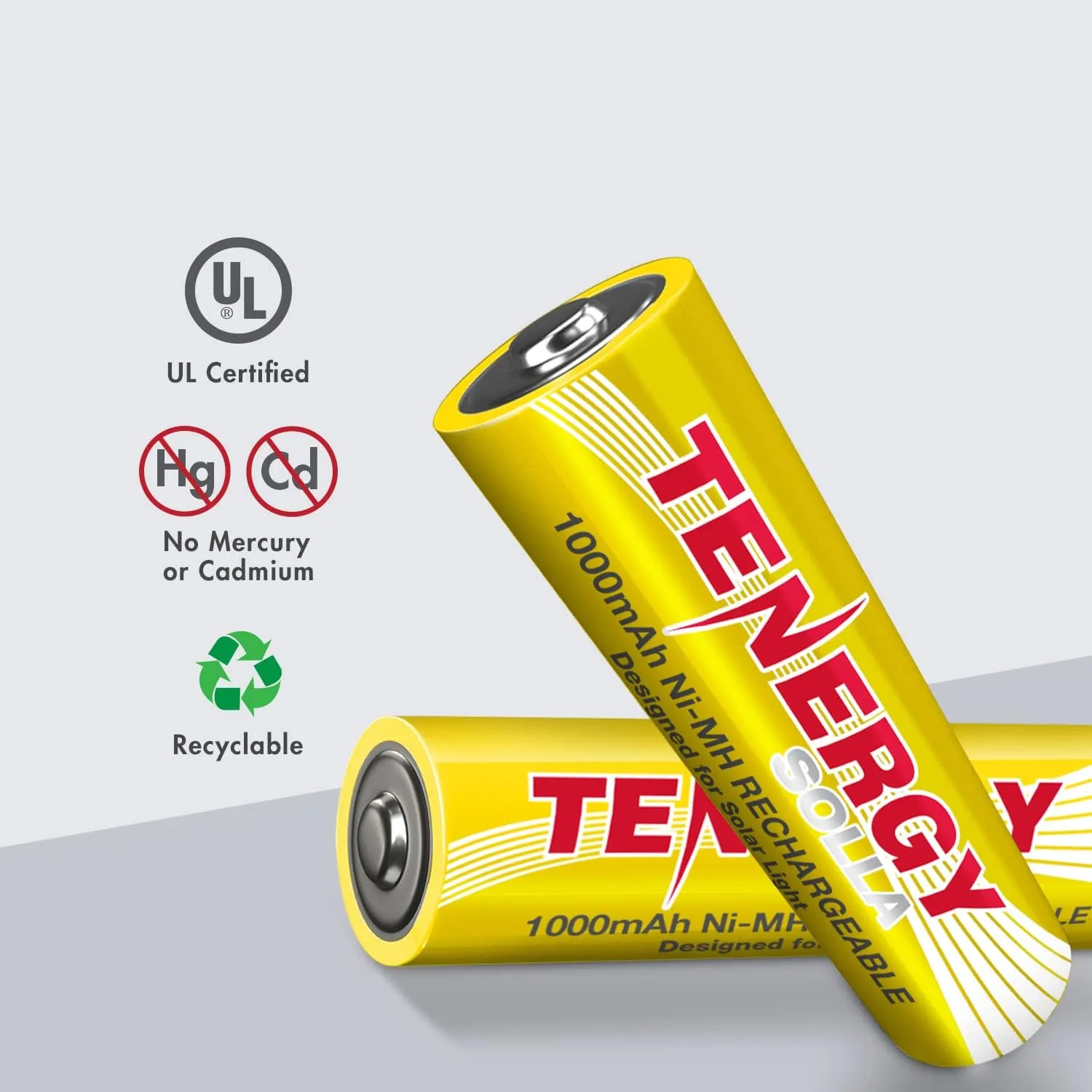 Tenergy Solla Rechargeable NiMH AA Battery, 1000mAh Solar Batteries for Solar Garden Lights, Anti-Leak, Outdoor Durability, 5  Years Performance, 12 Pack, UL Certified