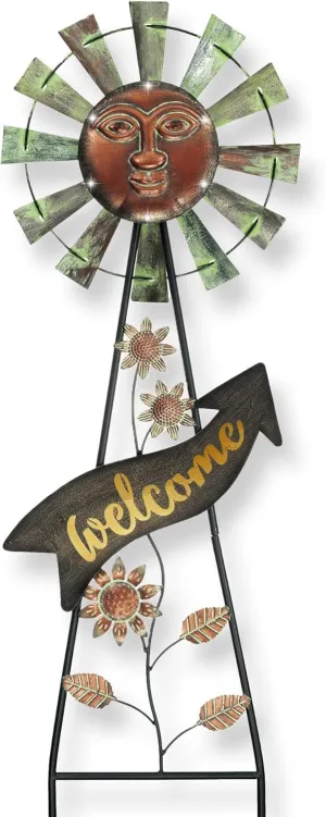 TERESA'S COLLECTIONS Garden Decor with Solar Outdoor Lights, Wind Spinner Yard Art Sign for Outside, 26'' Bronze Metal Sun Face Windmill Decorative Garden Stake for Lawn Ornaments, Gifts for Mom