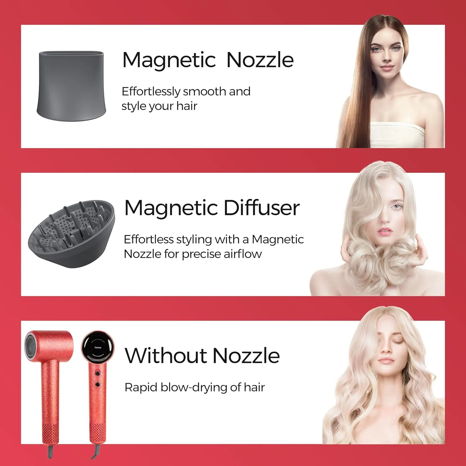 Tideway H11 Hair Dryer 110000 RPM Professional High-Speed, Rapid Drying Plasma Tech for Scalp Health, Lightweight Low Noise, Smart Temp Control,4 Temps Travel with Magnetic Nozzle&Diffuser (RED
