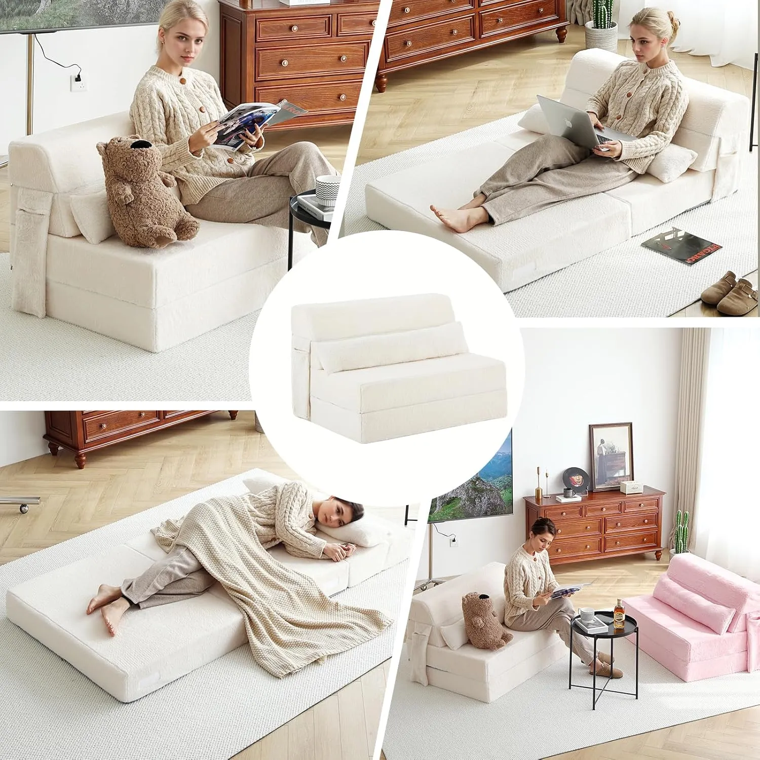 Tiita Folding Sofa Bed with Pillow Single Size Mattress&Plush Fabric with Portable Storage Bag,Floor Lounger Chair Bed for Living Room,Guest Room,Dorm,Apartment,Upstairs Loft,Home Office,Beige