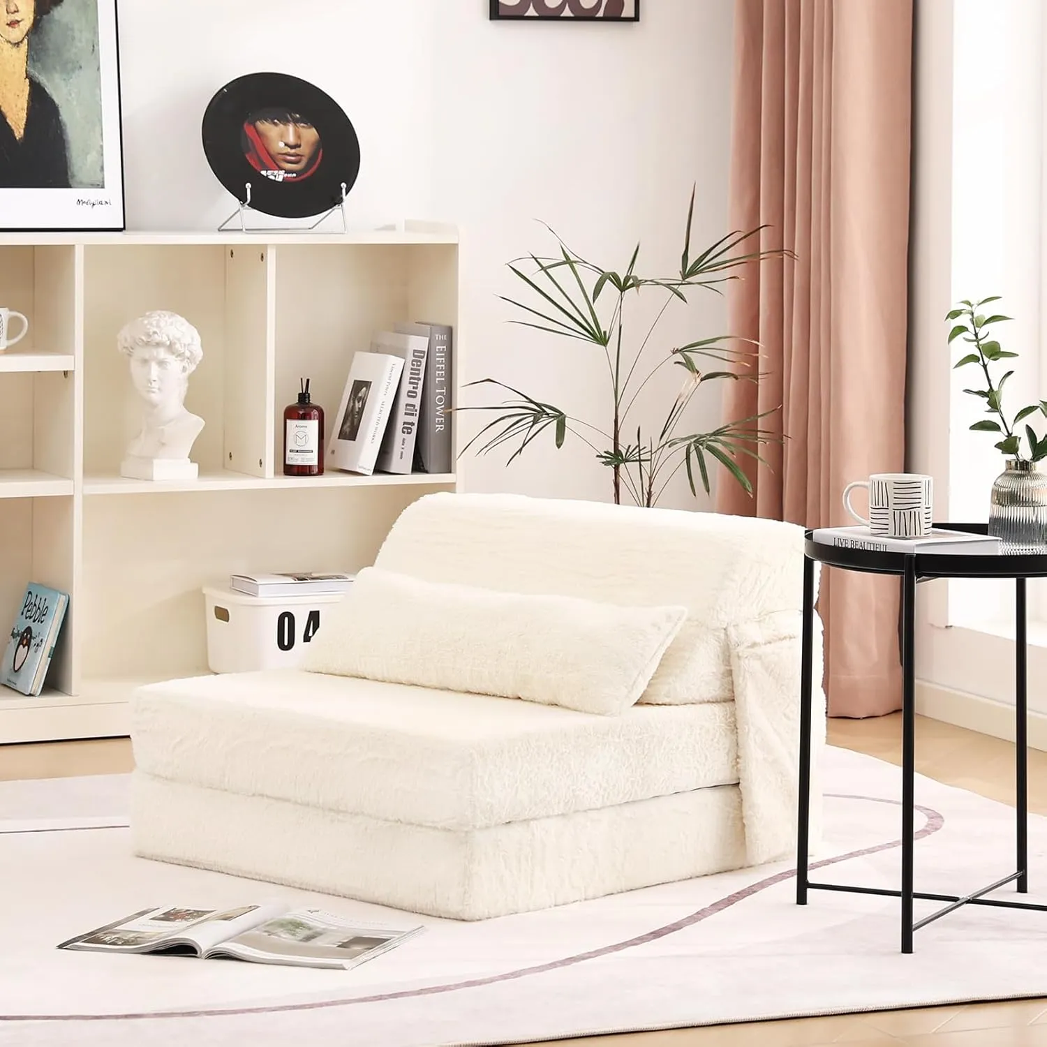 Tiita Folding Sofa Bed with Pillow Single Size Mattress&Plush Fabric with Portable Storage Bag,Floor Lounger Chair Bed for Living Room,Guest Room,Dorm,Apartment,Upstairs Loft,Home Office,Beige