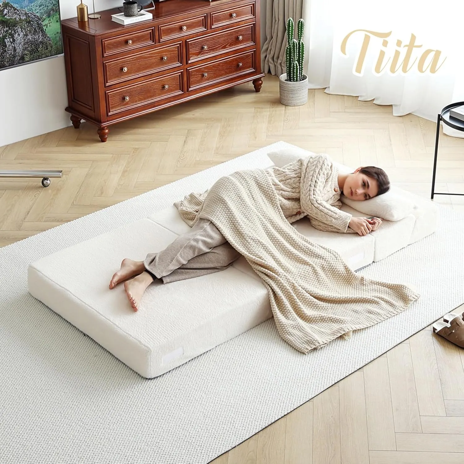 Tiita Folding Sofa Bed with Pillow Single Size Mattress&Plush Fabric with Portable Storage Bag,Floor Lounger Chair Bed for Living Room,Guest Room,Dorm,Apartment,Upstairs Loft,Home Office,Beige