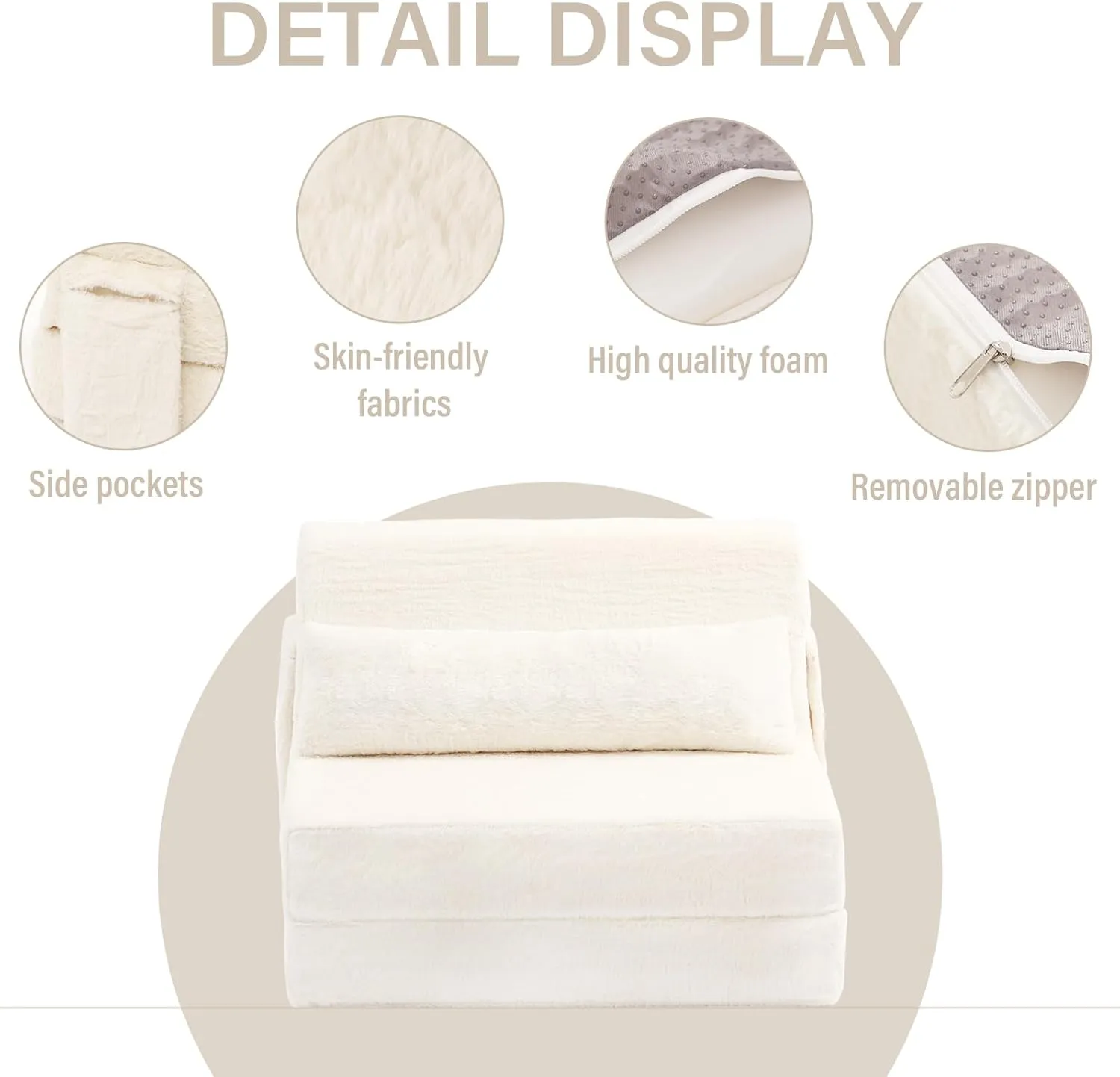 Tiita Folding Sofa Bed with Pillow Single Size Mattress&Plush Fabric with Portable Storage Bag,Floor Lounger Chair Bed for Living Room,Guest Room,Dorm,Apartment,Upstairs Loft,Home Office,Beige