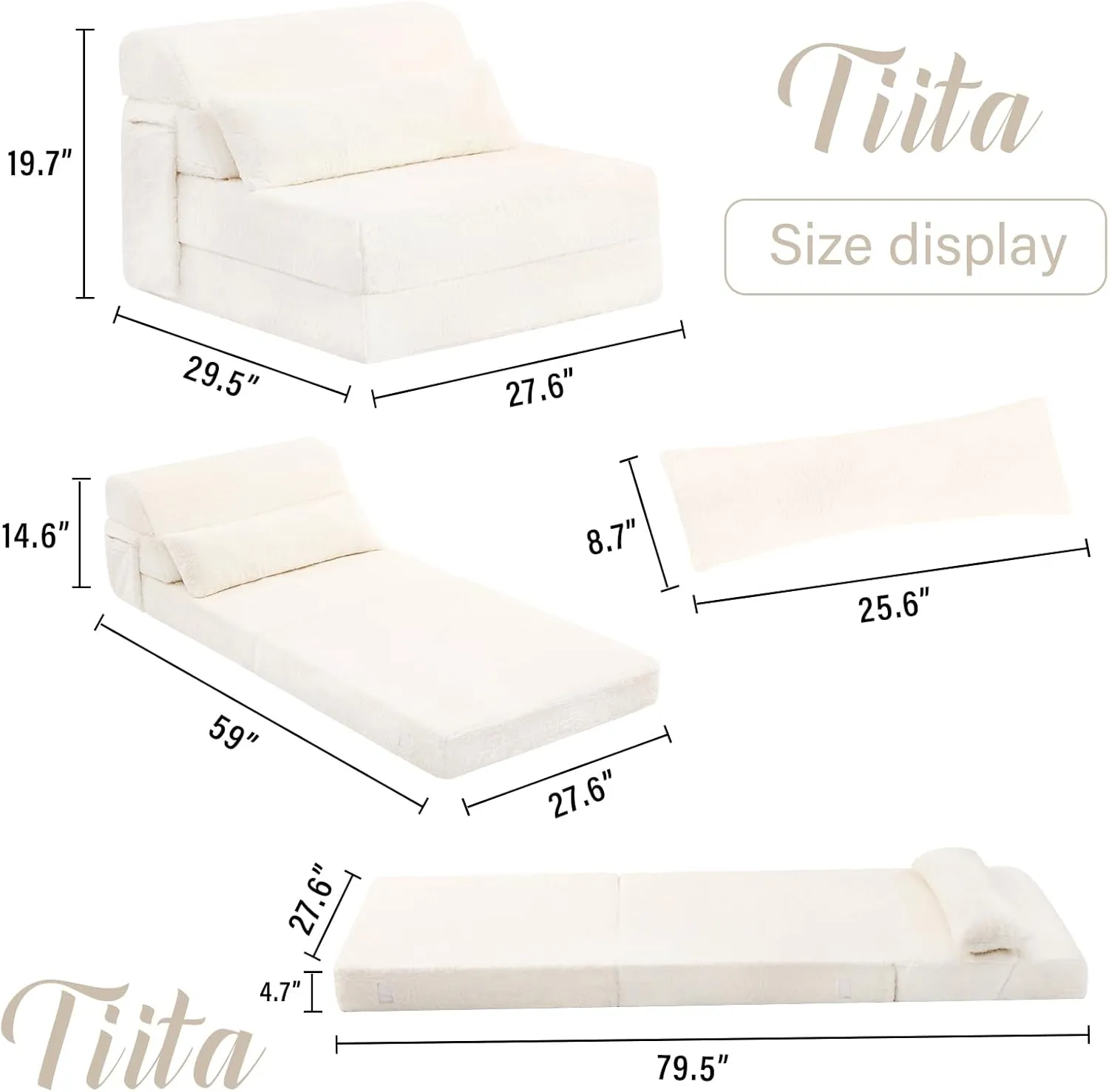 Tiita Folding Sofa Bed with Pillow Single Size Mattress&Plush Fabric with Portable Storage Bag,Floor Lounger Chair Bed for Living Room,Guest Room,Dorm,Apartment,Upstairs Loft,Home Office,Beige