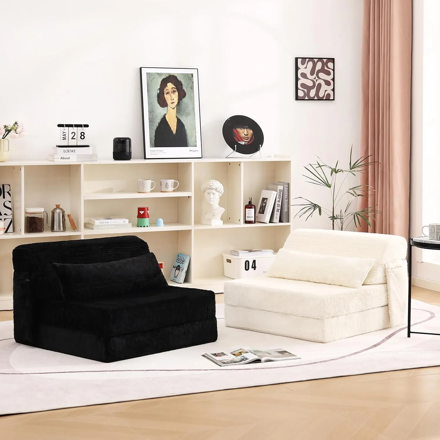 Tiita Folding Sofa Bed with Pillow Single Size Mattress&Plush Fabric with Portable Storage Bag,Floor Lounger Chair Bed for Living Room,Guest Room,Dorm,Apartment,Upstairs Loft,Home Office,Beige