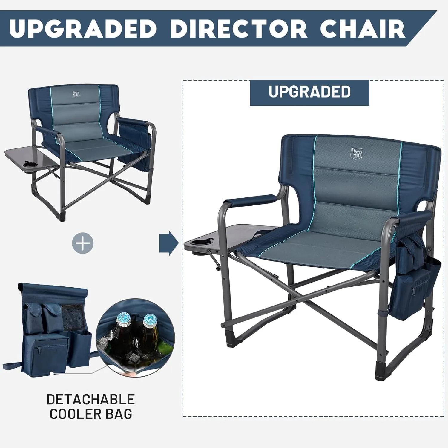 TIMBER RIDGE XXL Upgraded Oversized Directors Chairs with Foldable Side Table, Detachable Side Pocket, Heavy Duty Folding Camping Chair up to 600 Lbs Weight Capacity (Blue) Ideal Gift, 2 Pack