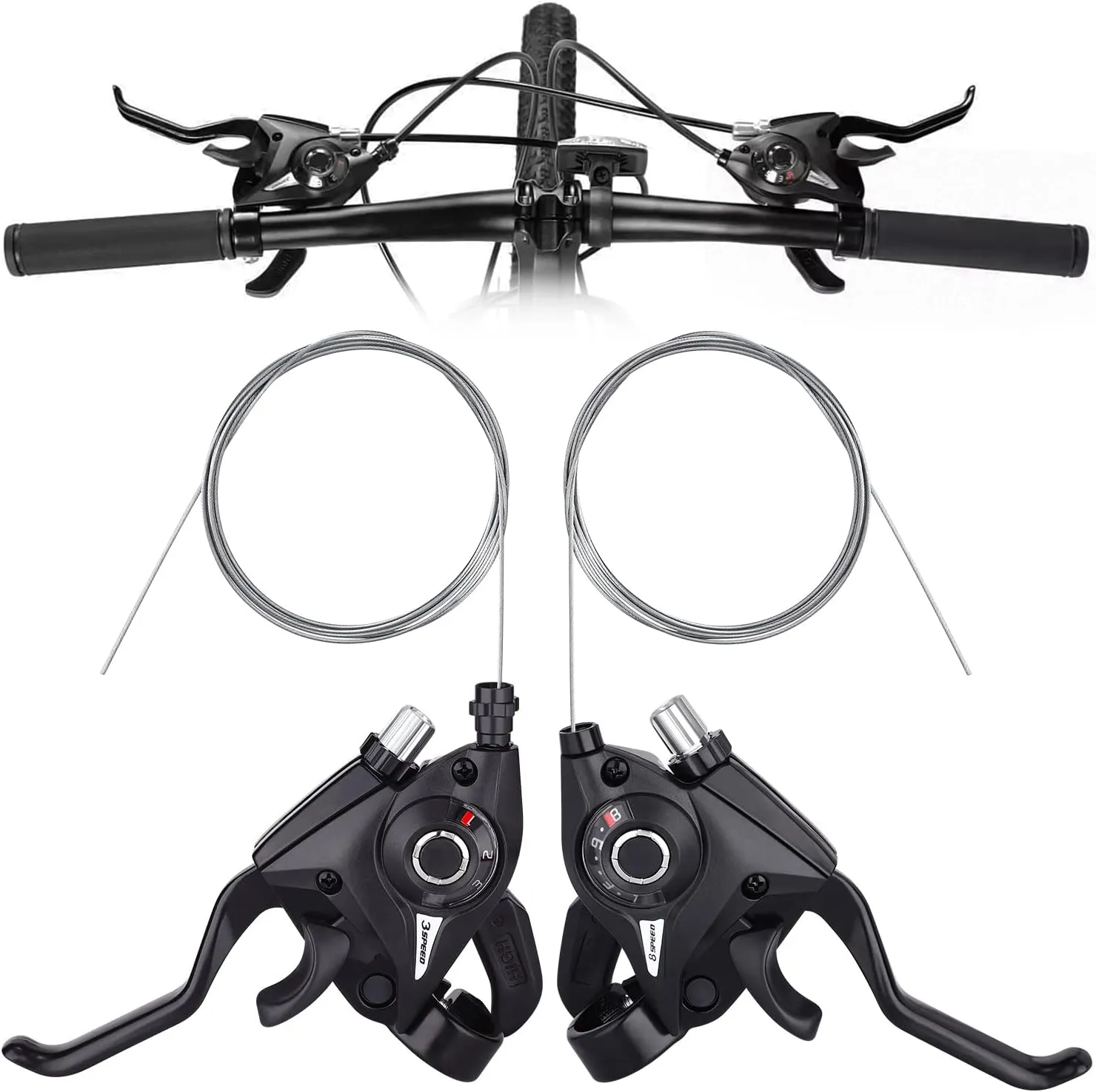 TOBWOLF Bicycle Brake Levers Shifter, 3x7/8 21/24 Speed Mountain Bike shifters Set, Left Right Brake Lever Shifter Kits with Gear Indicator, Replacement with Shift Cables for Moutain Bike Folding Bike