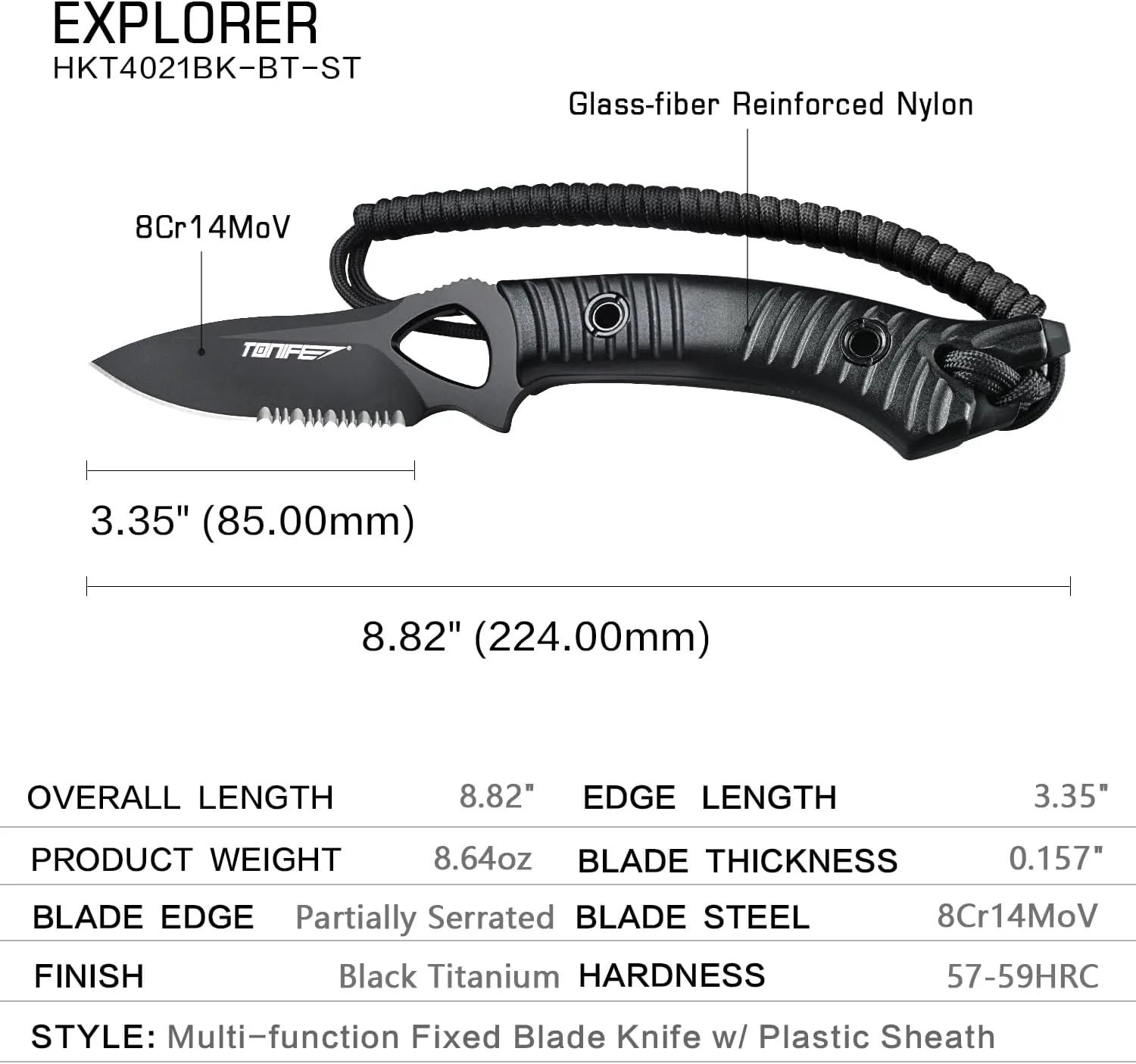 TONIFE Explorer Fixed Blade Knife with Sheath 8Cr14moV Multifunctional Survival Knife Blade with Fiberglass Reinforced Nylon Handle for Outdoor EDC Knife