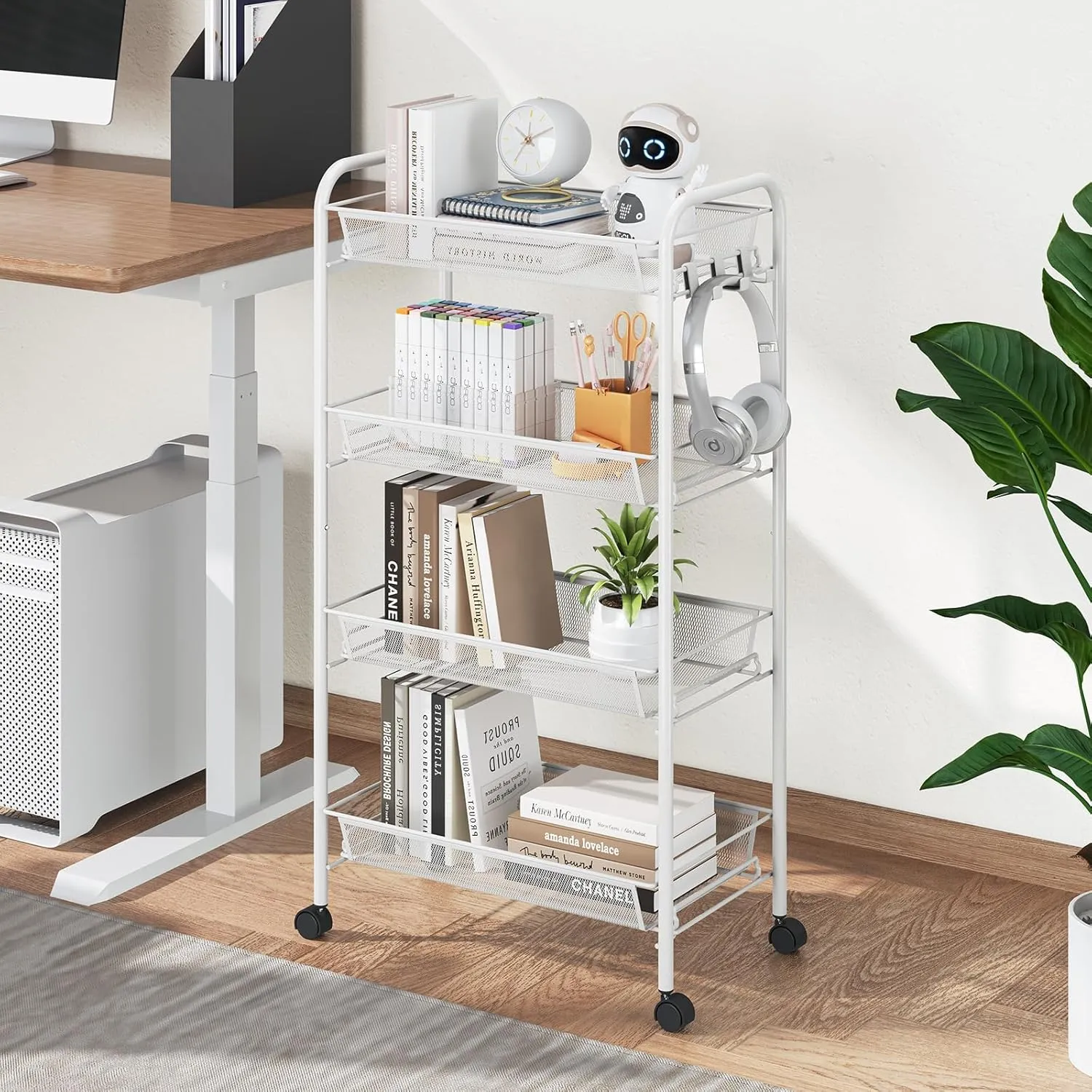 TOOLF 4-Tier Rolling Cart, Metal Utility Cart with 3 Hooks, Easy Assemble Mobile Storage Trolley On Wheels, Metal Shelving Units Kitchen Bathroom Laundry Room