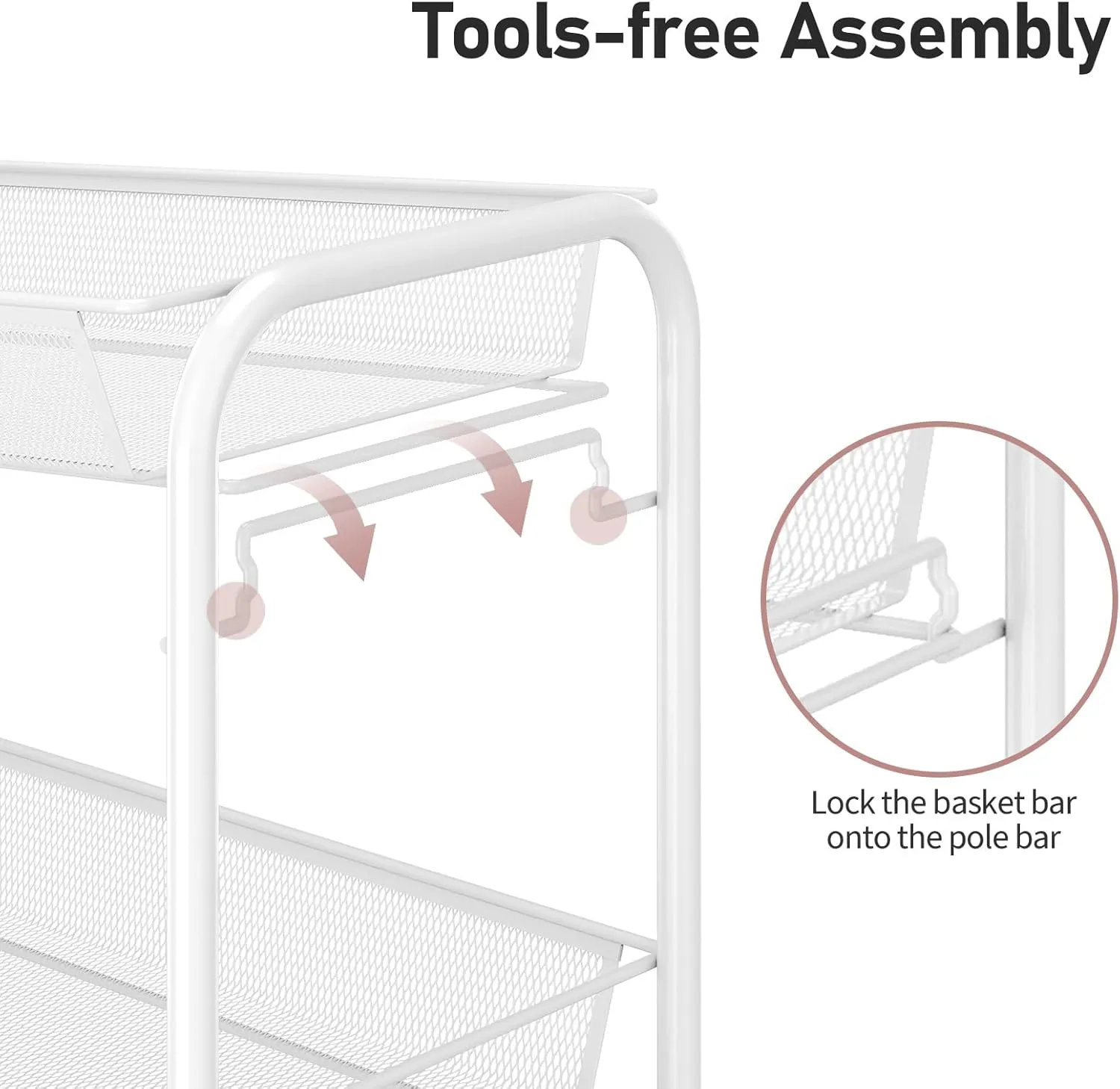 TOOLF 4-Tier Rolling Cart, Metal Utility Cart with 3 Hooks, Easy Assemble Mobile Storage Trolley On Wheels, Metal Shelving Units Kitchen Bathroom Laundry Room