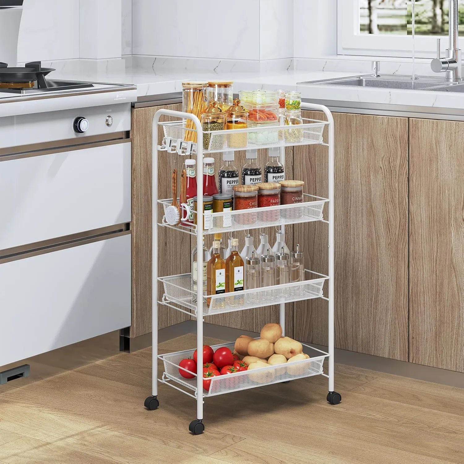 TOOLF 4-Tier Rolling Cart, Metal Utility Cart with 3 Hooks, Easy Assemble Mobile Storage Trolley On Wheels, Metal Shelving Units Kitchen Bathroom Laundry Room