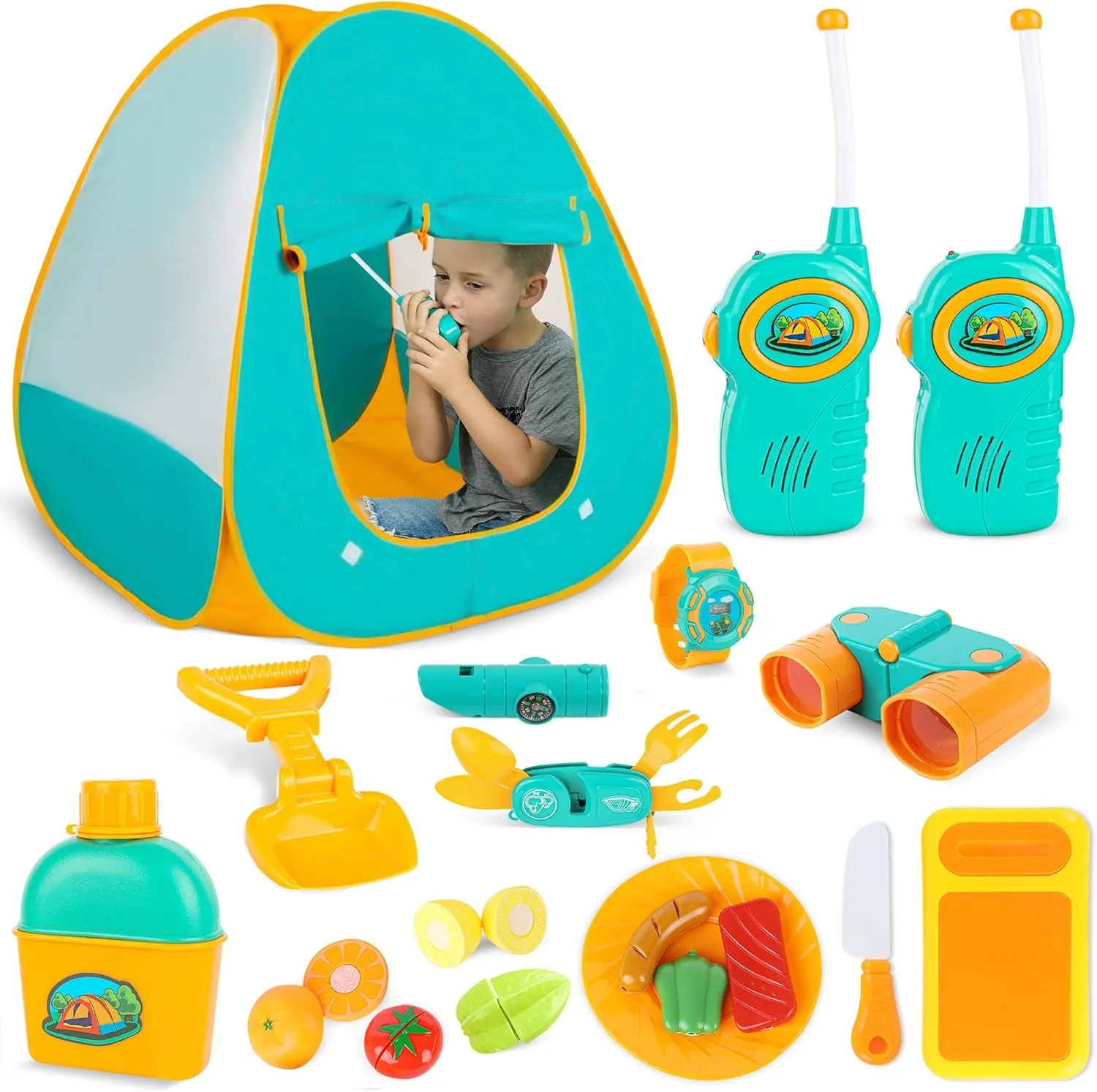 ToyVelt Kids Camping Tent Set with Walkie Talkies - Set Includes Tent, Binoculars, 2 Walkie Talkies, and Full Camping Gear Set Indoor and Outdoor Toy - Best Present for 3 4 5 6 Year Old Boys and Girls