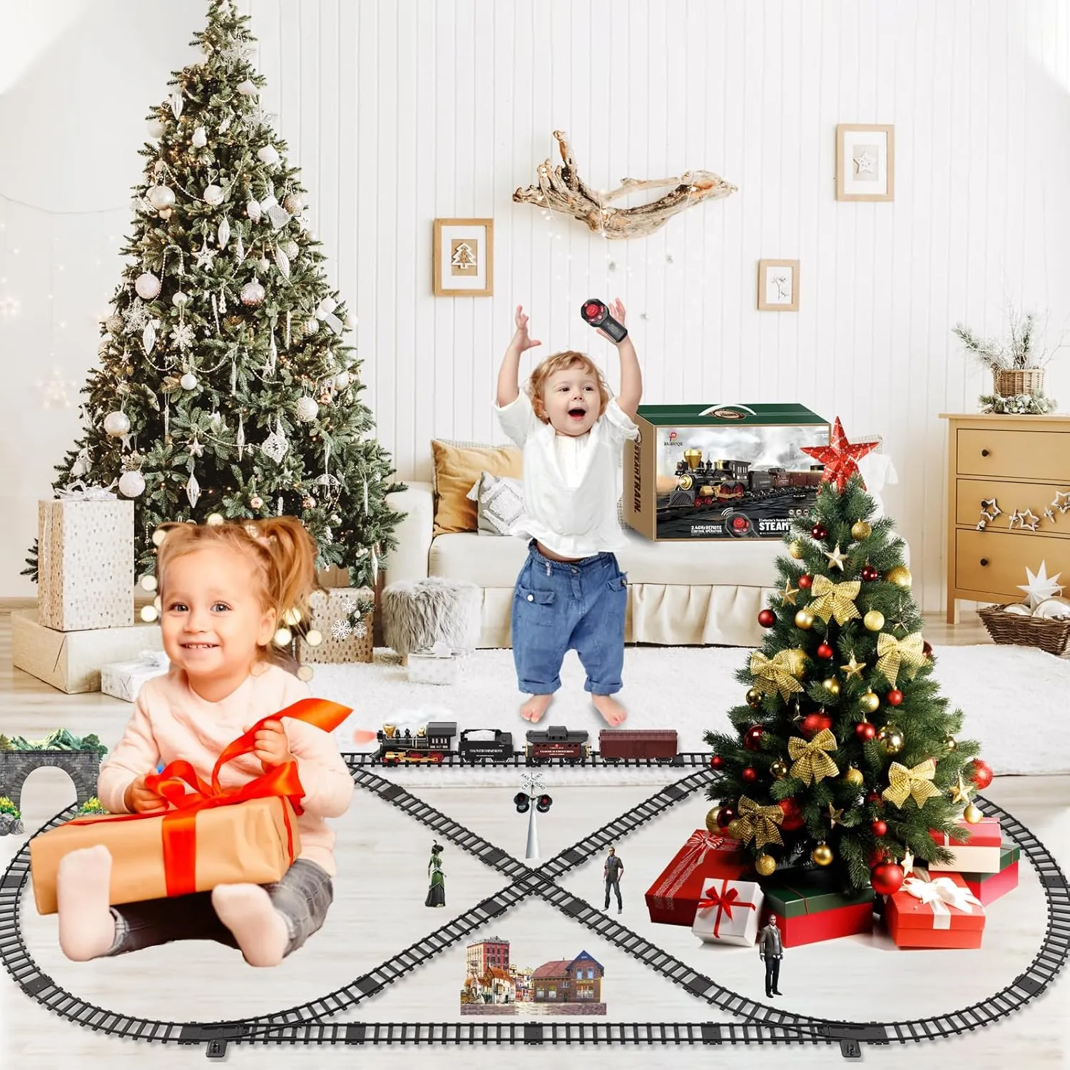 Train Set for Kids Remote Control Train Toys w/Steam Locomotive,Passenger Carriage & Luxury Tracks, Electric Trains w/Realistic Smoke,Sounds & Lights, Christmas Birthday Gift for Boys Girls 3 4 5 6 7