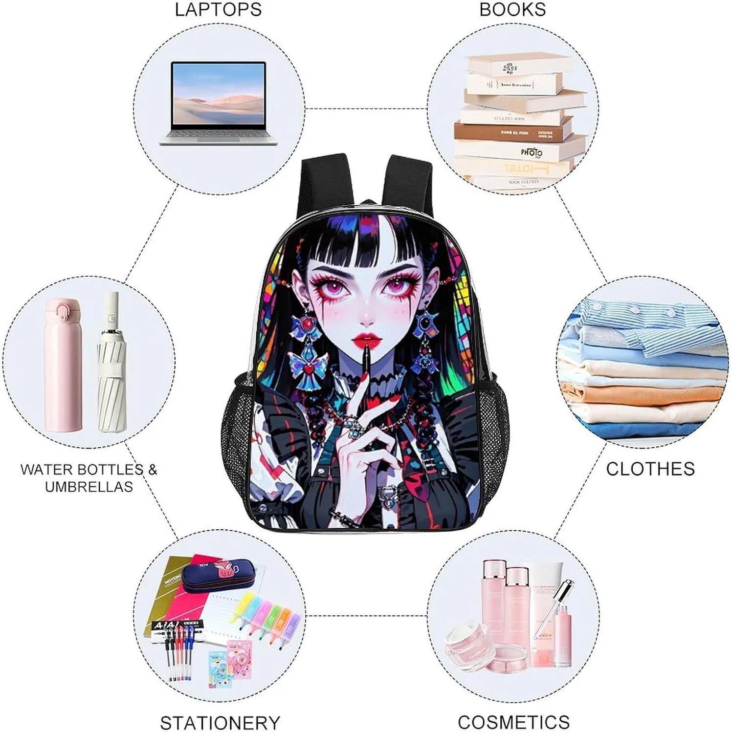 Transparent Daypack Backpack for Trekking Picnic Walking Cycling - Large Capacity Anti-Theft Multipurpose Shoulder Bag, Beautiful Gothic Women Neon Art Casual Daypack