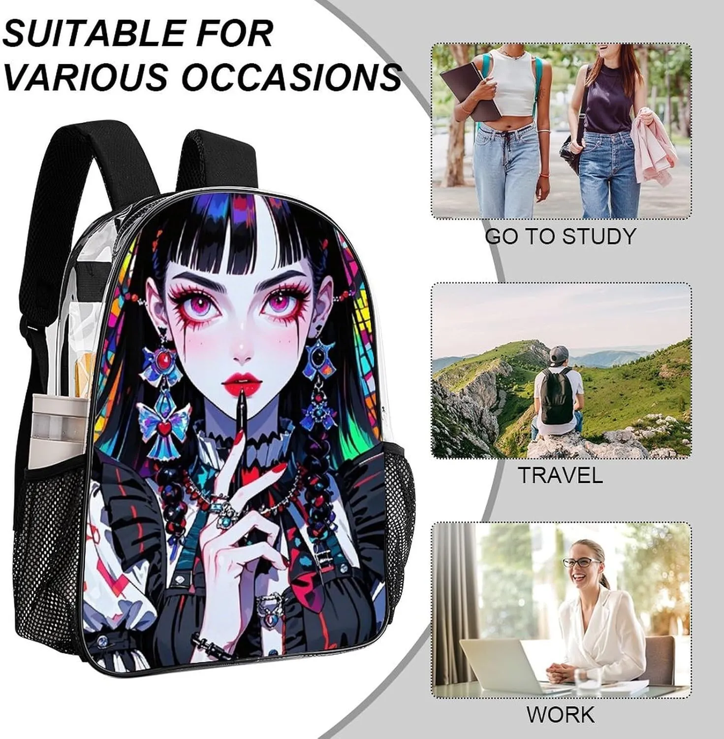 Transparent Daypack Backpack for Trekking Picnic Walking Cycling - Large Capacity Anti-Theft Multipurpose Shoulder Bag, Beautiful Gothic Women Neon Art Casual Daypack