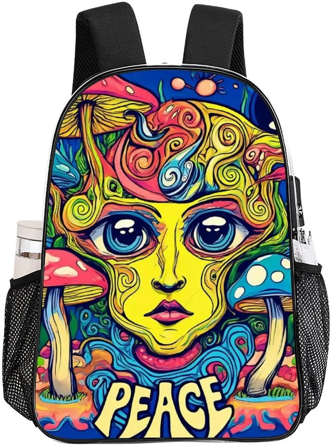 Transparent Daypack Backpack for Trekking Picnic Walking Cycling - Large Capacity Anti-Theft Multipurpose Shoulder Bag, Blue Peace Trippy Eyes Mushrooms Casual Daypack