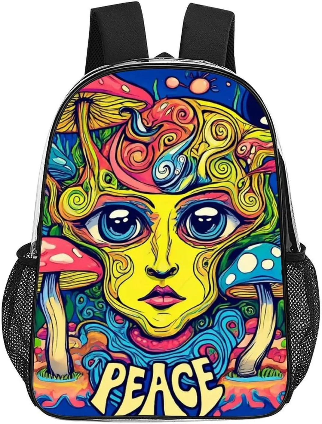 Transparent Daypack Backpack for Trekking Picnic Walking Cycling - Large Capacity Anti-Theft Multipurpose Shoulder Bag, Blue Peace Trippy Eyes Mushrooms Casual Daypack