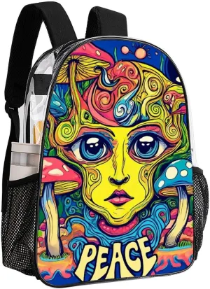 Transparent Daypack Backpack for Trekking Picnic Walking Cycling - Large Capacity Anti-Theft Multipurpose Shoulder Bag, Blue Peace Trippy Eyes Mushrooms Casual Daypack