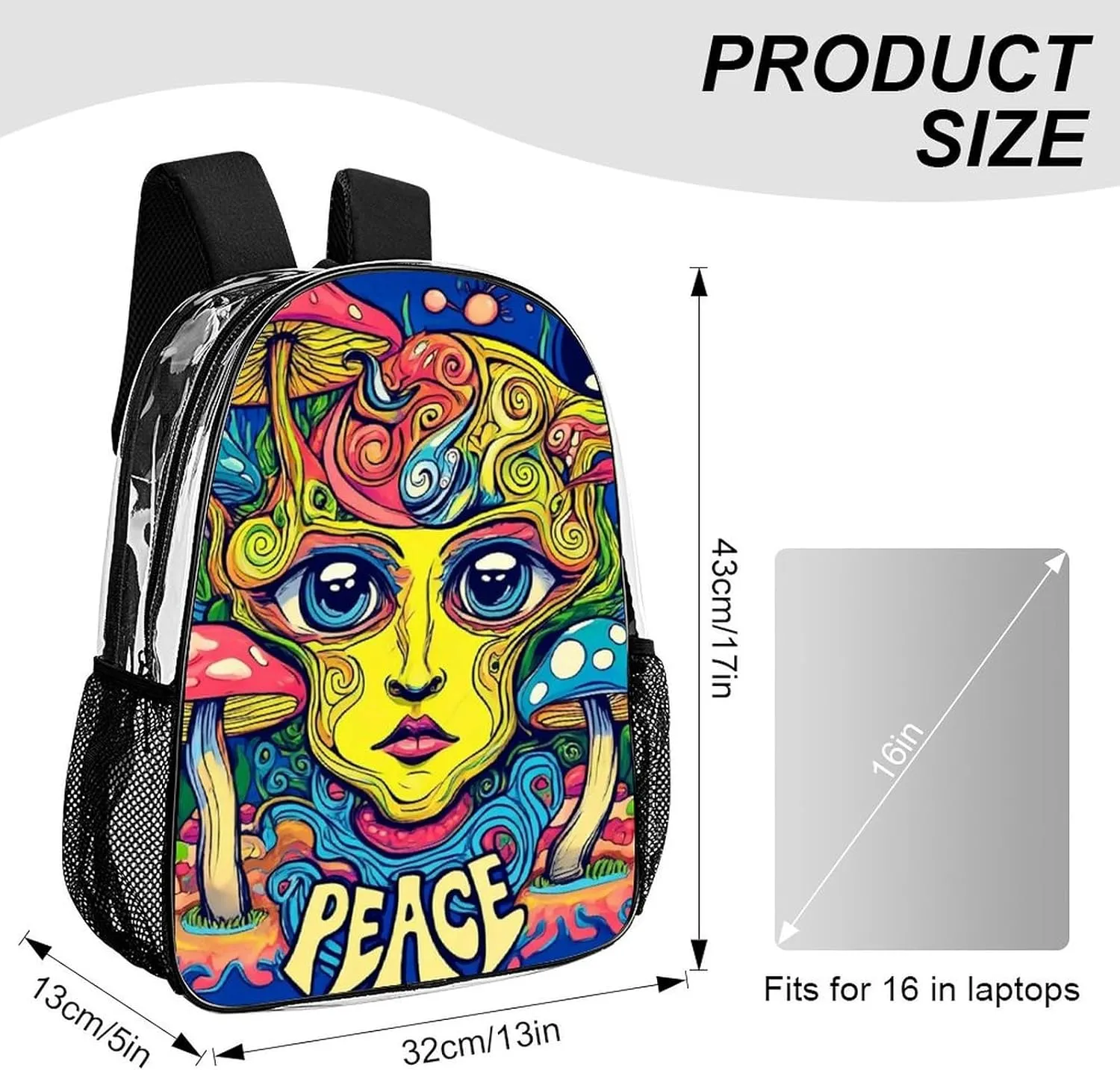 Transparent Daypack Backpack for Trekking Picnic Walking Cycling - Large Capacity Anti-Theft Multipurpose Shoulder Bag, Blue Peace Trippy Eyes Mushrooms Casual Daypack