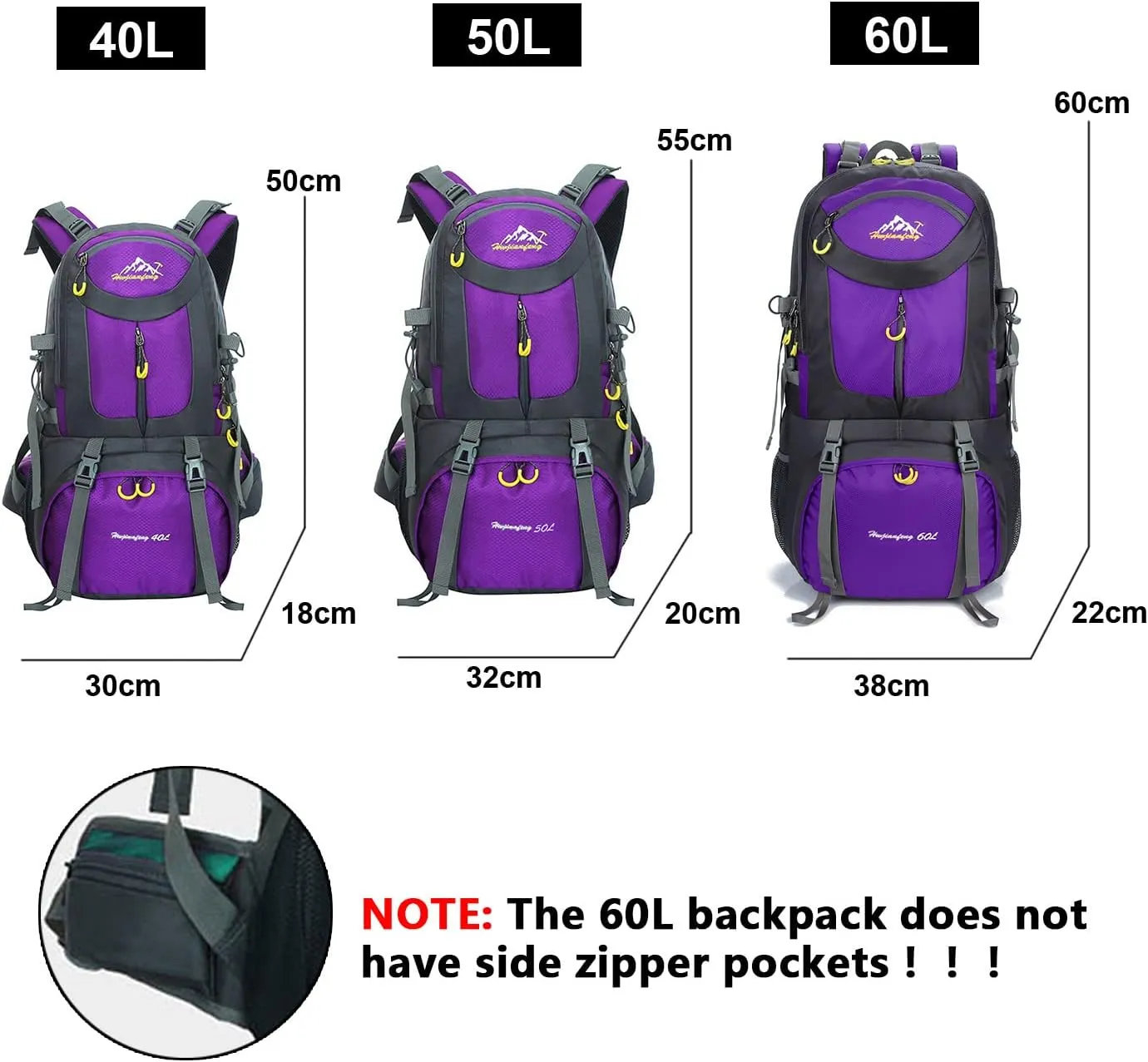Travel Hiking Backpack 40L/50L/60L Daypack for Sport Outdoor Cycling Trekking Climbing Camping, Purple, 60L