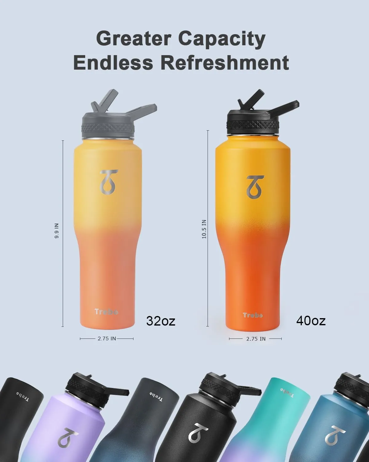 Trebo 40oz Insulated Water Bottle that Fits in Cup Holder, Stainless Steel Bottles Tumbler Double Wall Metal with Straw Spout Lids,Travel Flask with Paracord Handle, Sweat Proof Keep Cold &Hot,Orange