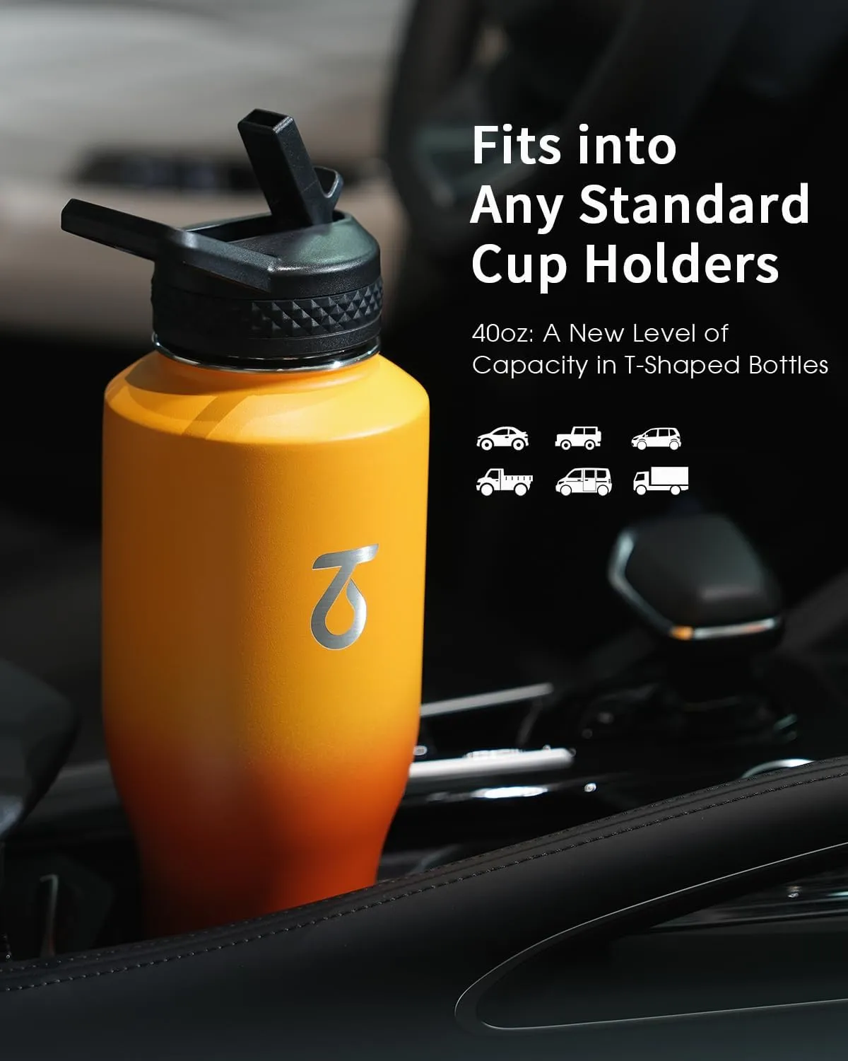 Trebo 40oz Insulated Water Bottle that Fits in Cup Holder, Stainless Steel Bottles Tumbler Double Wall Metal with Straw Spout Lids,Travel Flask with Paracord Handle, Sweat Proof Keep Cold &Hot,Orange