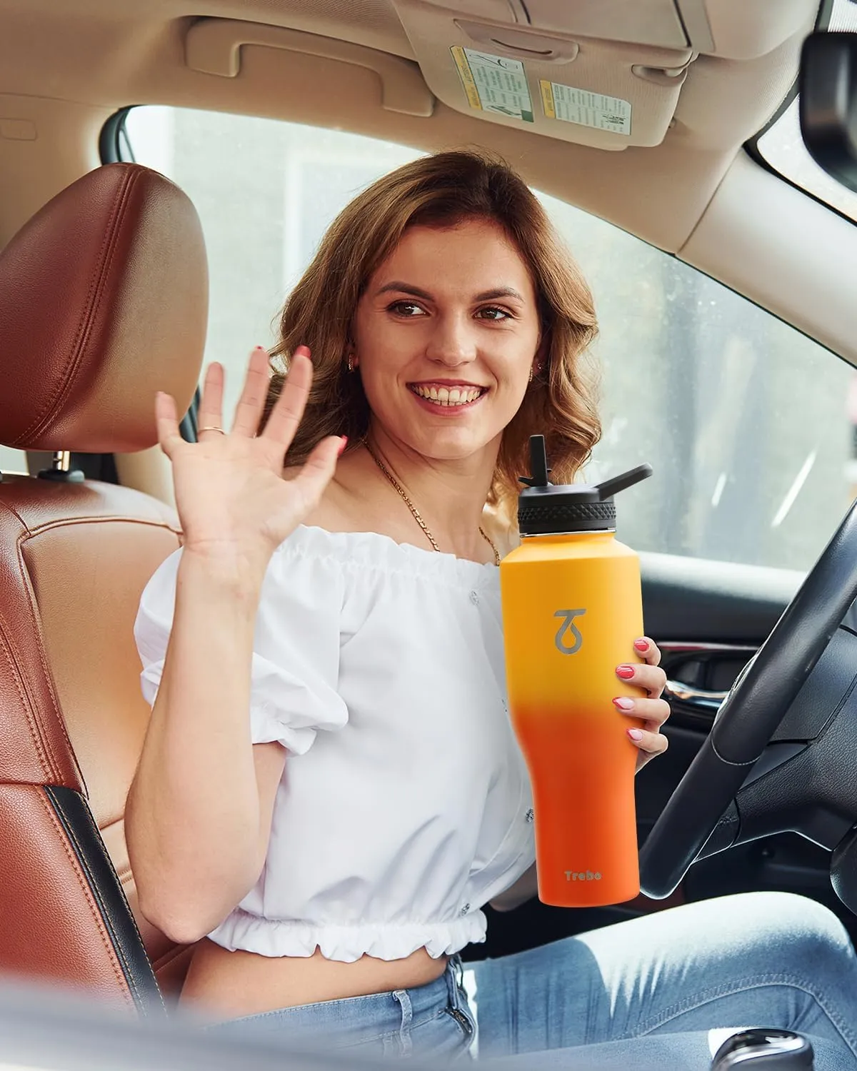 Trebo 40oz Insulated Water Bottle that Fits in Cup Holder, Stainless Steel Bottles Tumbler Double Wall Metal with Straw Spout Lids,Travel Flask with Paracord Handle, Sweat Proof Keep Cold &Hot,Orange